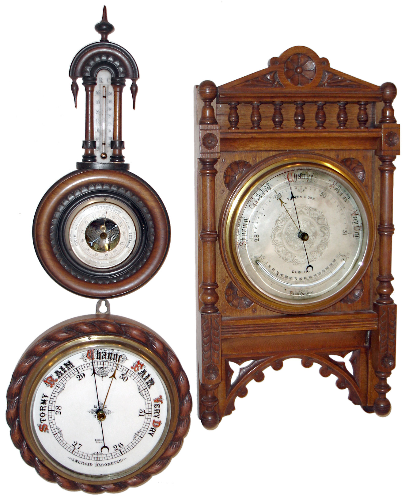 Barometers- 3 (Three) aneroid: Yeats & Son, Dublin, oak with curved thermometer; Sidric, oak; and F. Rachmuhl Sohn, Basel, walnut with straight thermometer — Antique Clocks Price Guide