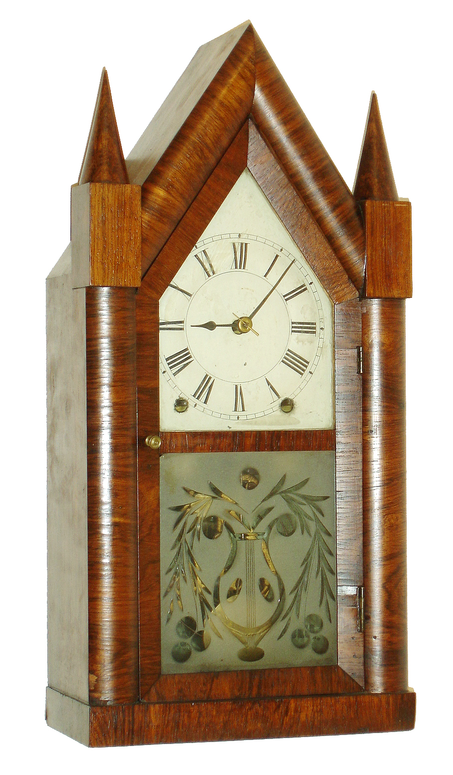 Brewster & Ingrahams, Bristol, Conn., steeple or "Sharp Gothic" mantel clock, 8 days, time and strike, Kirk's Patent repeating brass movement with cast iron back plate in a mahogany veneer case, painted metal dial and etched lower glass, c1844 — Antique Clocks Price Guide