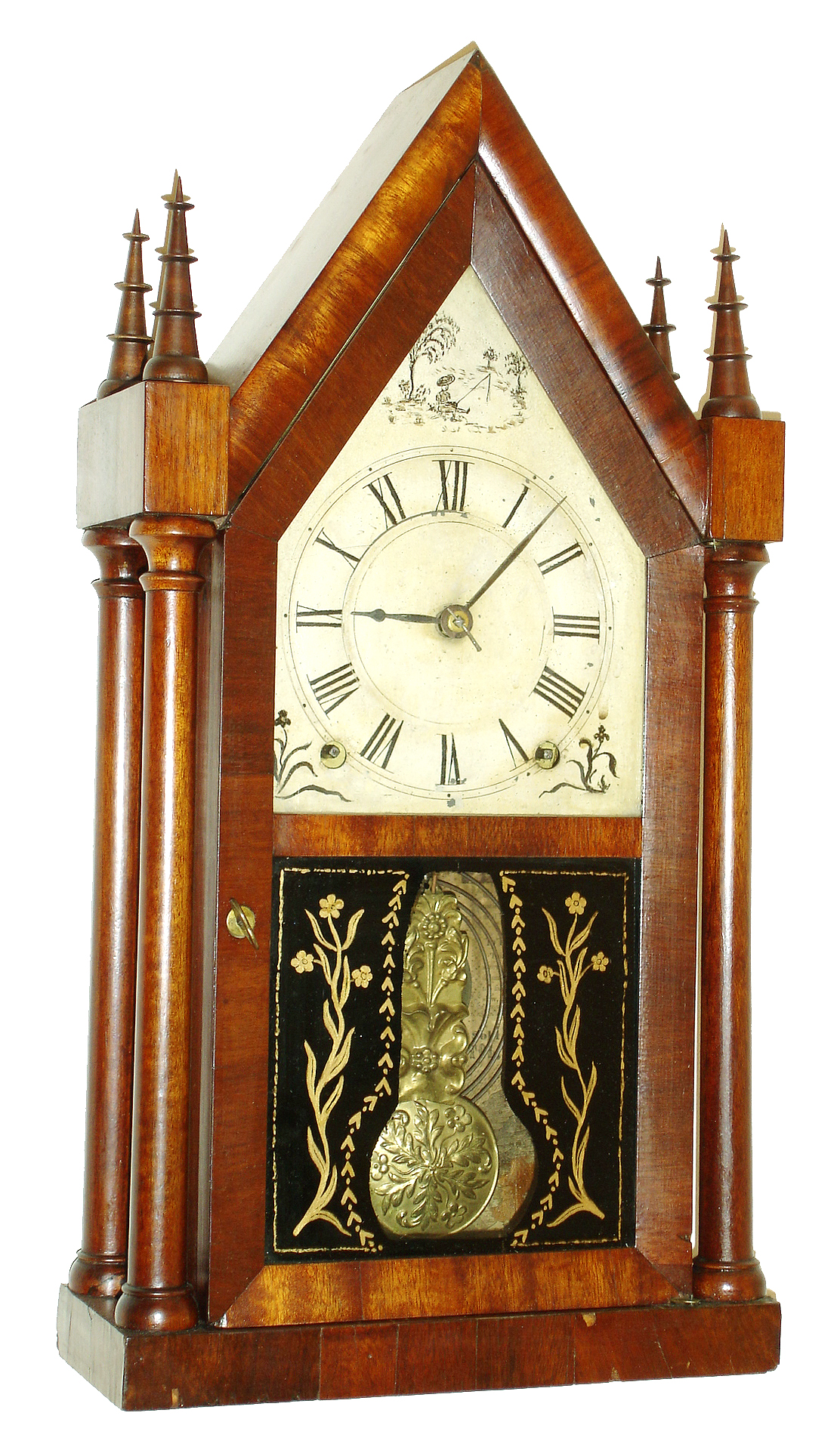Terry & Andrews, Bristol, Conn., four posted steeple or "Sharp Gothic" mantel clock, 8 days, time and strike, brass spring driven movement in a mahogany veneer case with painted metal dial and reverse painted tablet, c1850 — Antique Clocks Price Guide