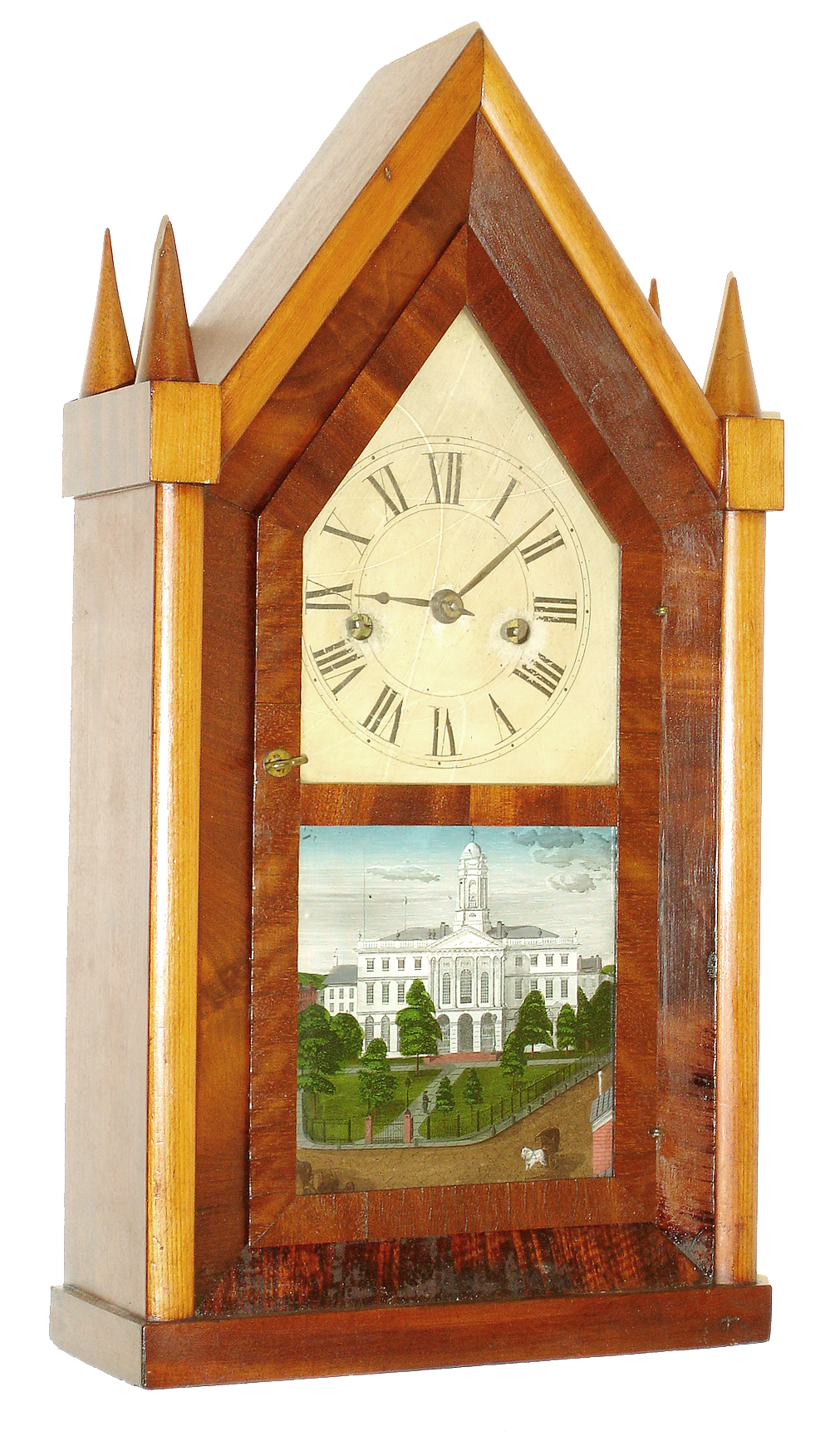 Sperry & Shaw, New York, four spired steeple or "Sharp Gothic" mantel clock, 30 hours, time and strike, spring driven fusee movement in a mahogany veneer case with painted metal dial and silk screened tablet, c1848 — Antique Clocks Price Guide