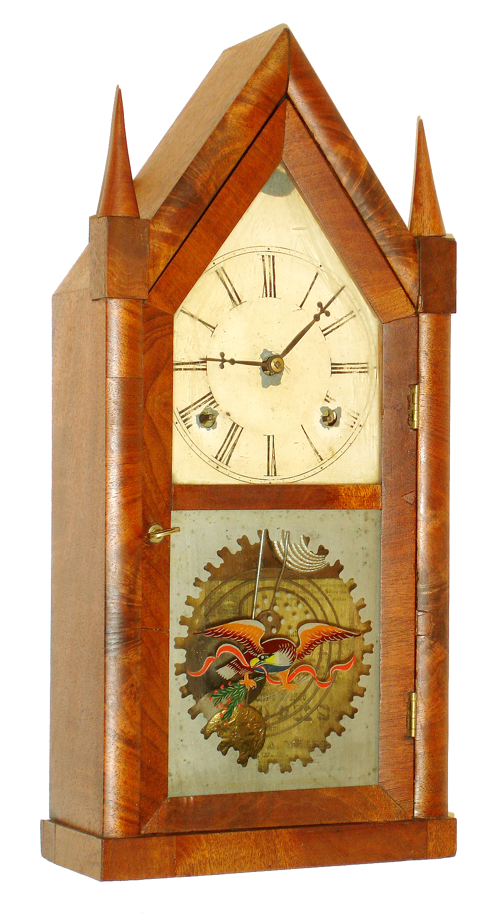 Boardman and Wells, Bristol, Conn., 3/4 size steeple or "Sharp Gothic" mantel clock, 30 hours, time and strike, spring driven fusee movement in a mahogany veneer case with painted metal dial and Fenn stenciled tablet, c1848 — Antique Clocks Price Guide
