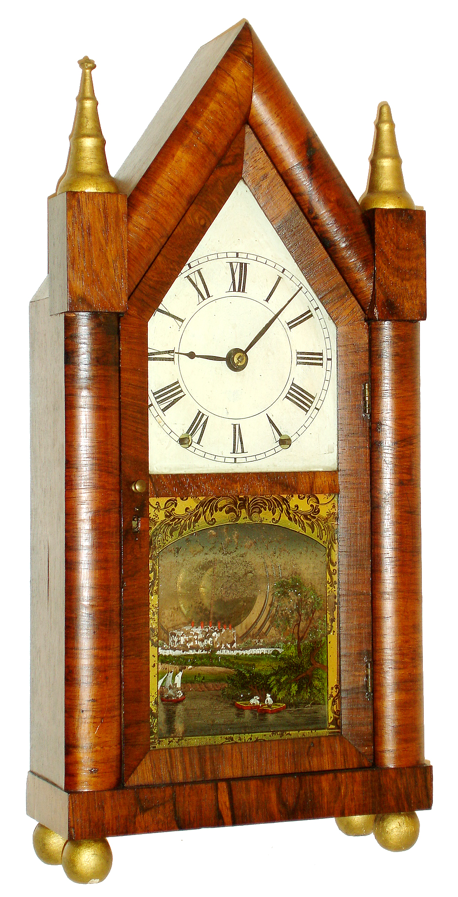 Brewster & Ingrahams, Bristol, Conn., steeple or "Sharp Gothic" 3/4 size mantel clock, 30 hours, time and strike, Kirk's Patent spring driven brass movement with Kirk's Patent cast iron back plate in a mahogany veneer case with painted metal dial and silk screened tablet, c1845 — Antique Clocks Price Guide