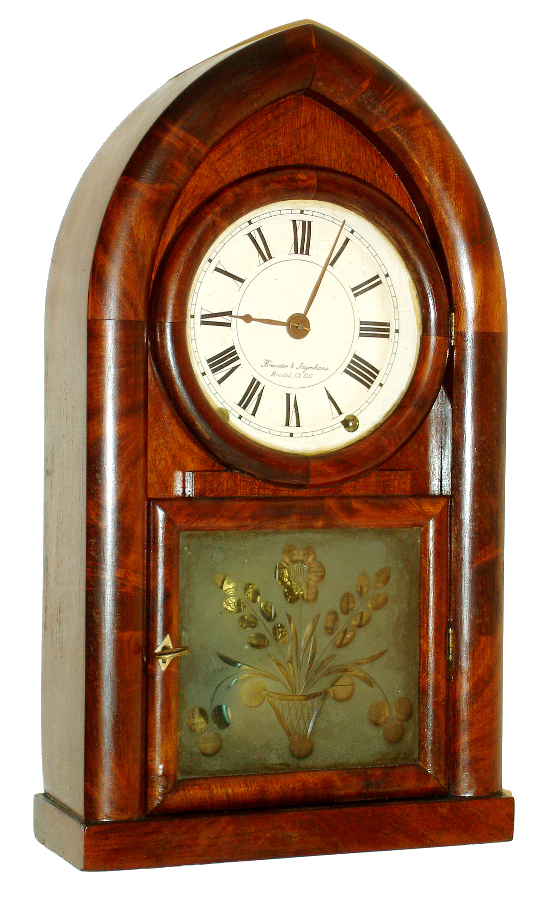 Brewster & Ingrahams, Bristol, Conn., beehive or "Round Gothic" mantel clock, 8 days, time and strike, spring driven brass movement in a mahogany veneer case with painted metal dial and cut and etched tablet, c1845 — Antique Clocks Price Guide