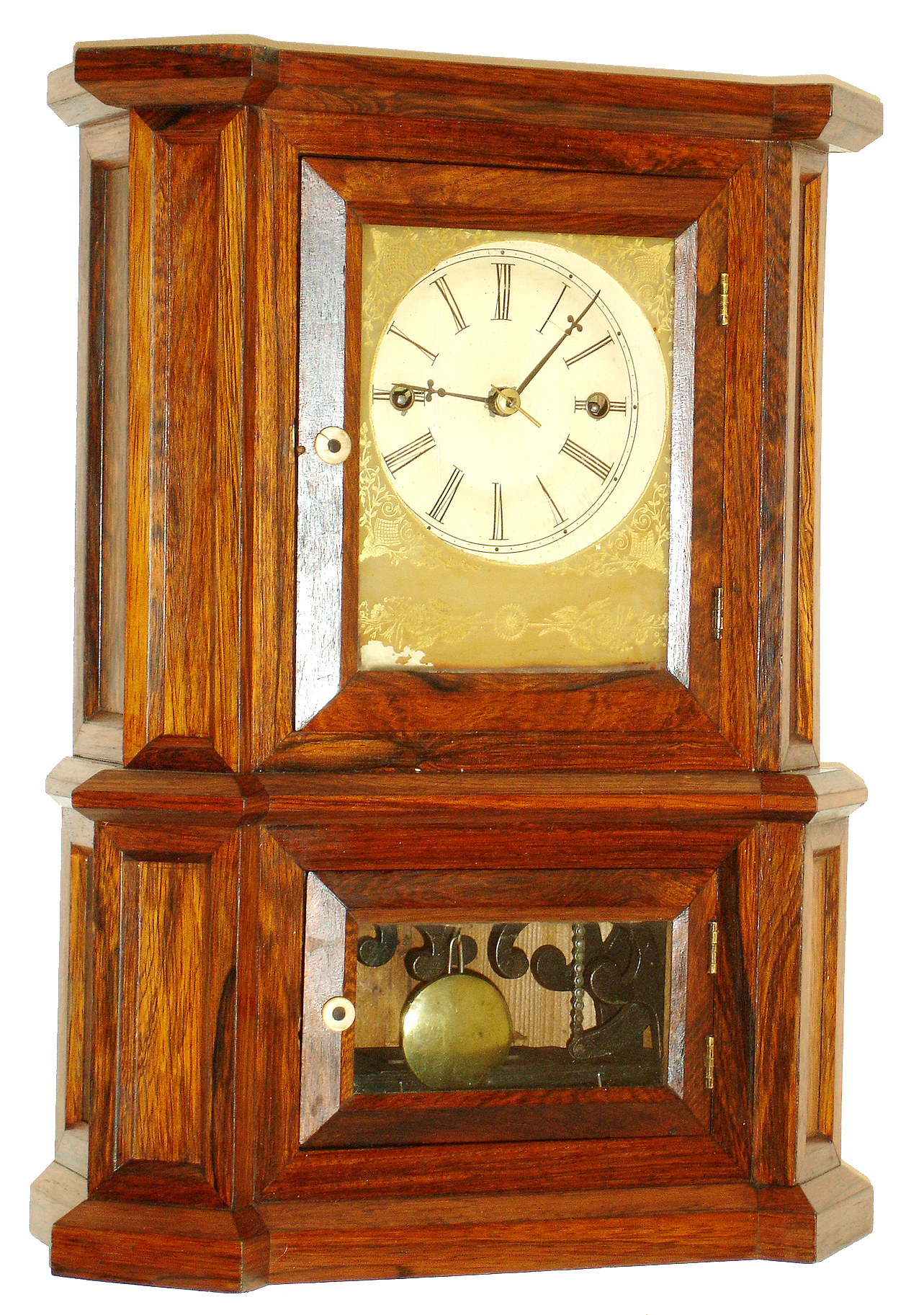 Atkins, Whiting & Co., Bristol, Conn., "Parlor No. 1" mantel clock, 30 days, time only, wagon spring driven Type III movement in a rosewood veneer case with painted metal dial and reverse painted dial surround on glass, c1852 — Antique Clocks Price Guide