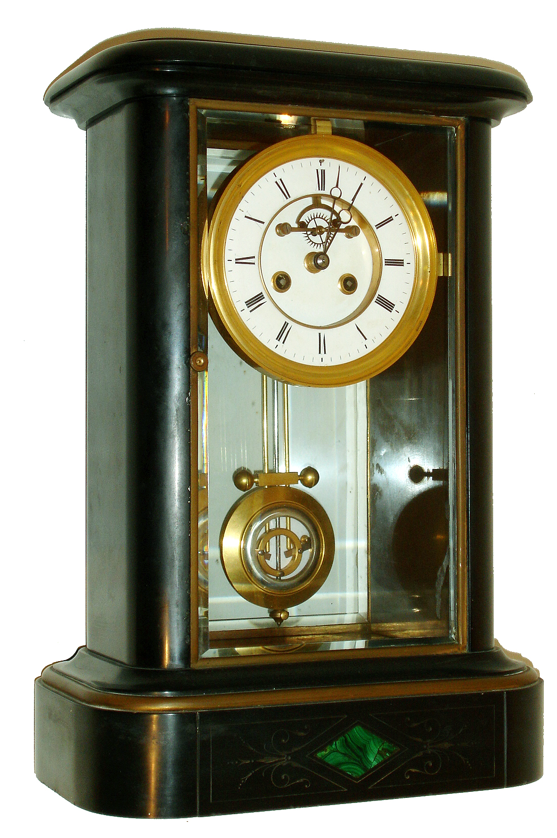 France, black slate mantel clock, case with incised ornament and inlaid malachite panel at base with brass molding between lower and upper case, rounded corners, projecting top with molded edge, beveled glass front and back doors, Roman numeral white enamel dial with sunk center, Brocot open escapement, blued steel Breguet style hands, 8 days, time and strike, Pendule a Paris movement signed Marti, gilt Ellicott compensating pendulum, c1870 — Antique Clocks Price Guide