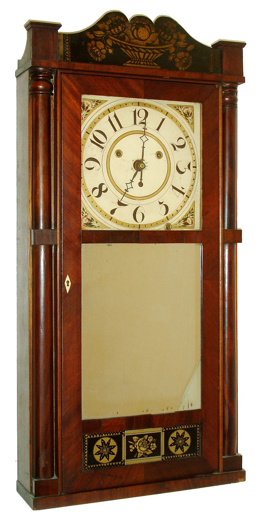 Silas Hoadley, Plymouth, Conn., 30 hours, time/strike/alarm weight driven wood movement half column & stenciled splat "Franklin" shelf clock, c1830. — Antique Clocks Price Guide