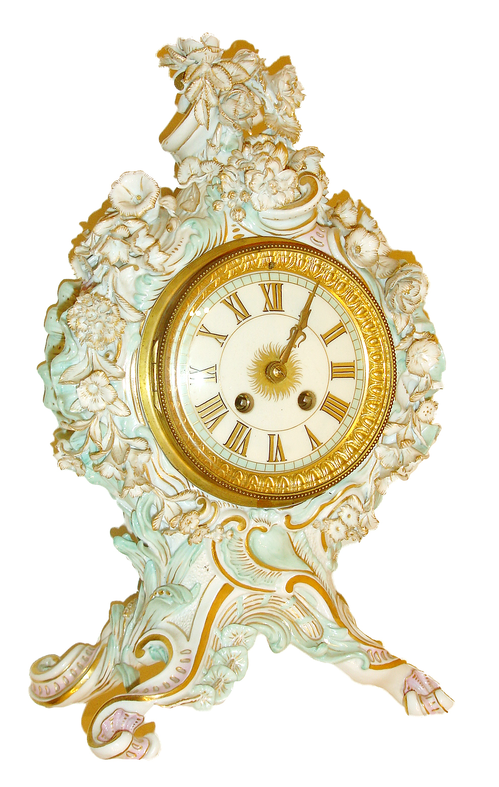 French mantel clock, high quality porcelain case with crossed swords mark, possibly Meissen, rococo style with foliate and naturalistic ornament, the top with trailing vines and many applied flowers, case with pink, aqua, and gold highlights, gilt bezel with beveled convex glass, porcelain dial with gold Roman numerals, gilt hands, rear bezel with frosted glass, 8 days, time and strike, Pendule a Paris movement, c1870 — Antique Clocks Price Guide