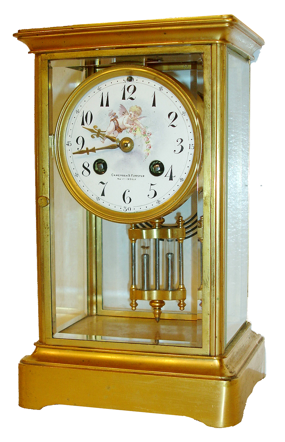 French crystal regulator for Camerden & Forster, New York, gilt brass case with beveled glasses, Roman numeral white enamel dial, decorated with a cherub bearing a garland of flowers, gilt hands, faux mercury pendulum, 8 days, time and strike, Pendule a Paris movement marked S. Marti, c1900 — Antique Clocks Price Guide