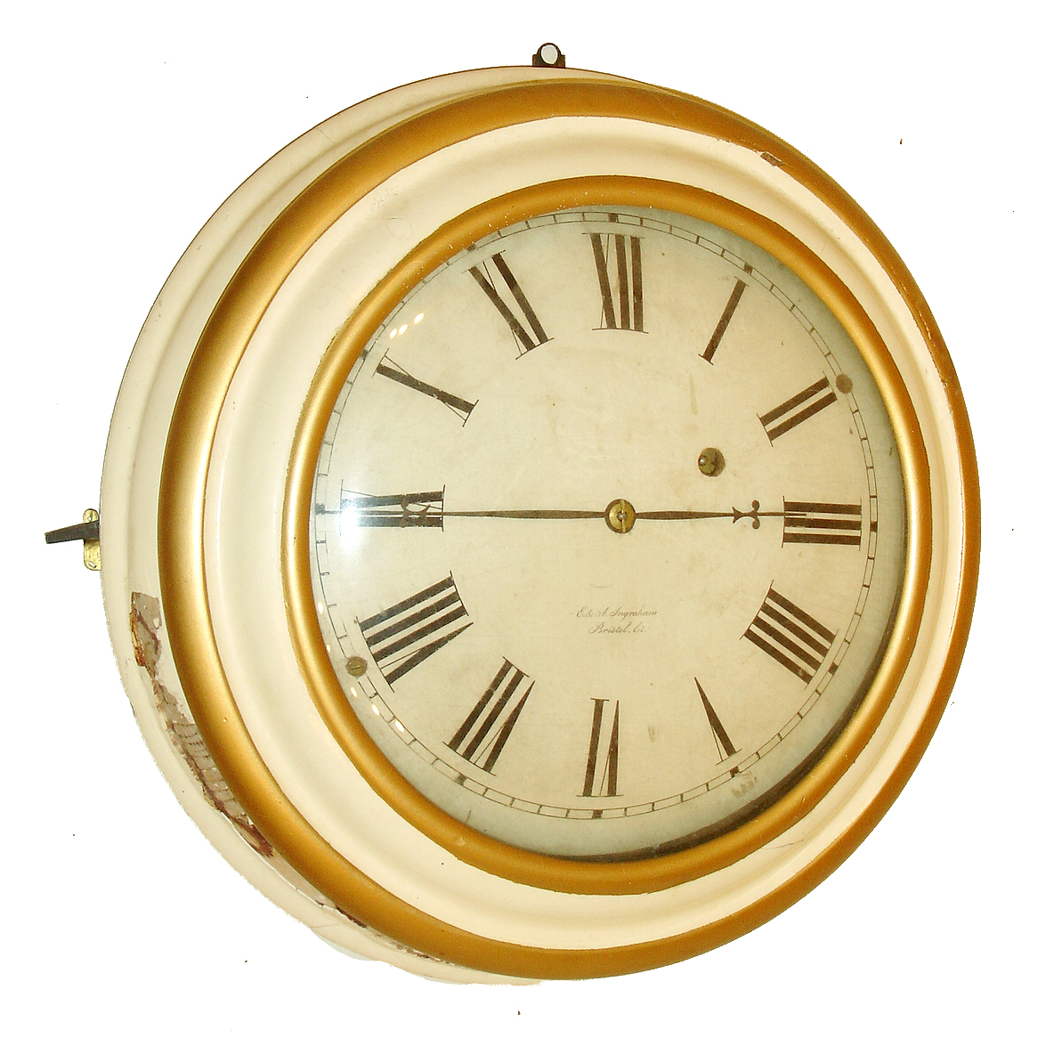 E. & A. Ingrahams, Bristol, Ct., galley timepiece, turned white painted case with gilt trim and convex glass, Roman numeral white painted convex wooden dial, blued steel hands, 8 days, time only east west movement, c1855 — Antique Clocks Price Guide