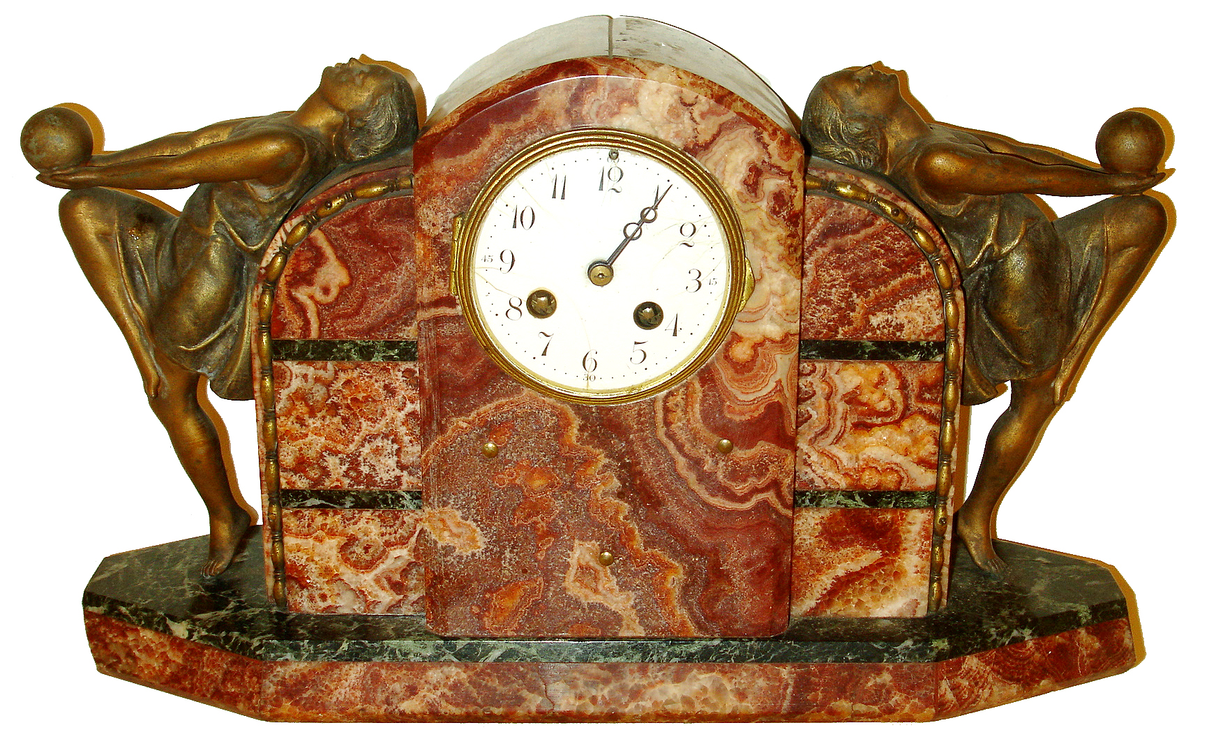 French mantel clock, Art Deco style marble case with bronzed spelter female figures at each end engaged in some sort of athletic activity, perhaps rhythmic gymnastics, Arabic numeral white enamel dial, blued steel Breguet style hands, 8 days, time and strike, Pendule a Paris movement, c1930 — Antique Clocks Price Guide