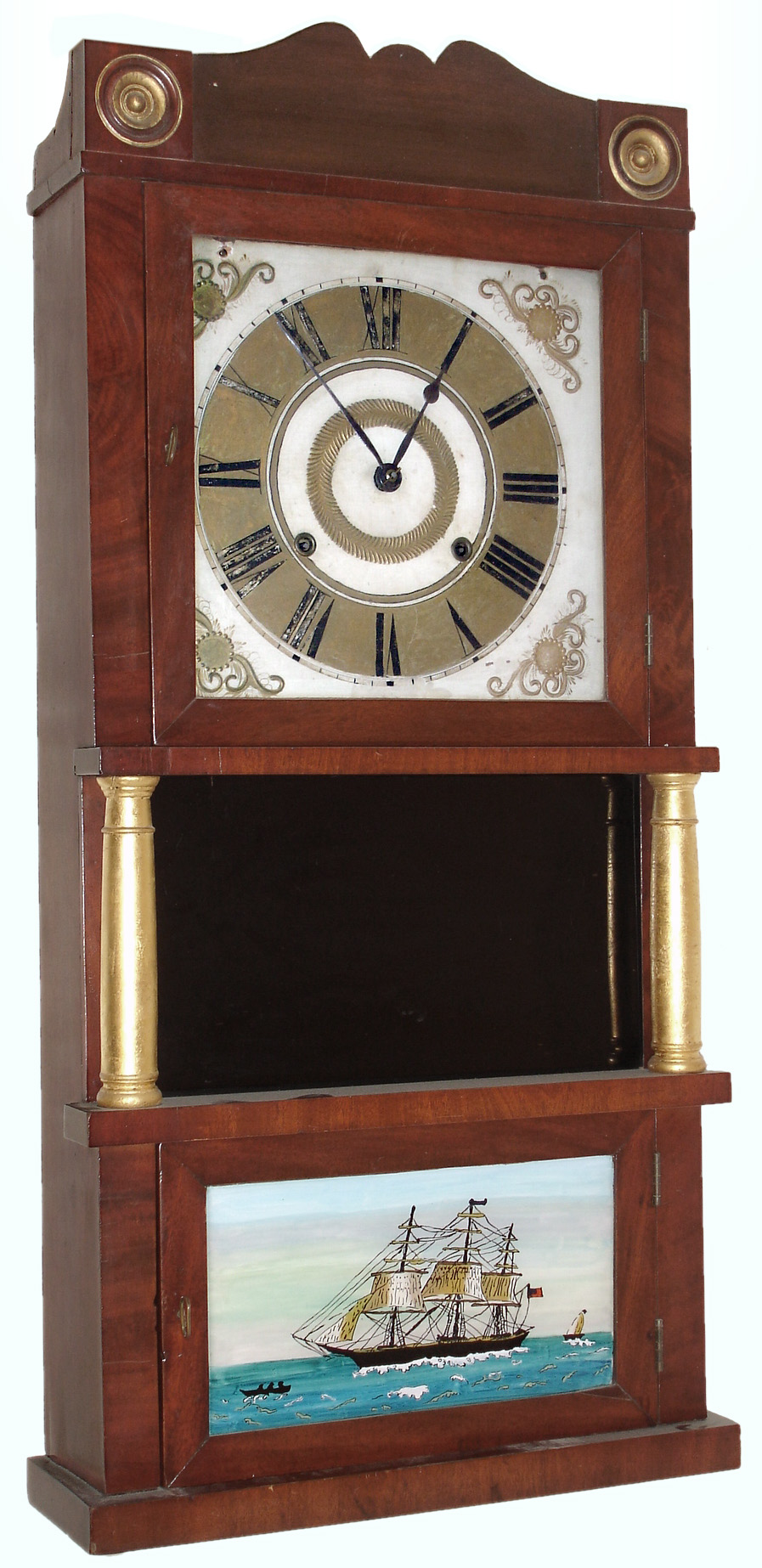 Clocks- 5 (Five) Connecticut wooden case time and strike, shelf clocks: Jeromes & Darrow 30 hours, wooden-works stenciled column & splat; Bristol, Conn. 8 days, triple-decker; Ansonia 8 days, kitchen clock; Ingraham 30 hours, Doric; Seth Thomas 30 hours, column; and an Elisha Hotchkiss case-only stenciled column and cornice (no works); mid 19th century — Antique Clocks Price Guide