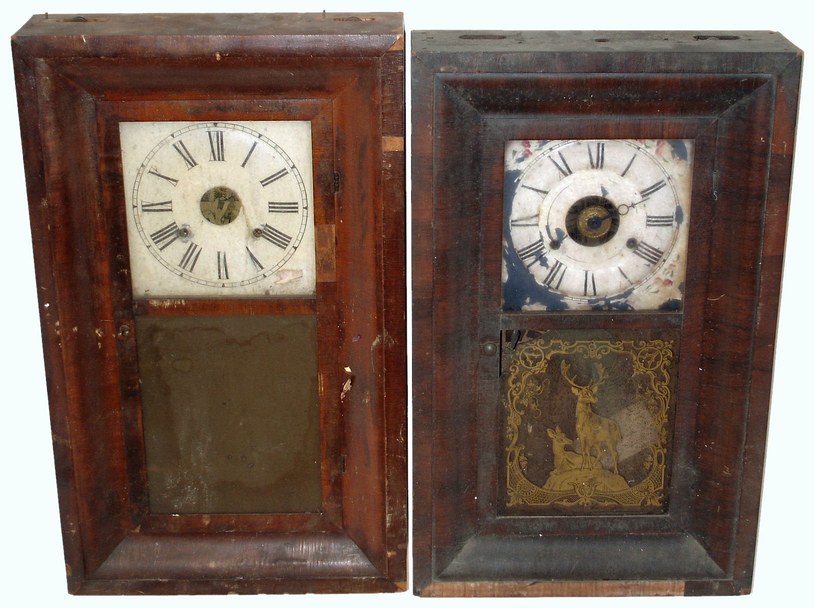 Clocks and old clock parts: Hills & Goodrich oversize 8 days, OG with interior gilt columns; Brewster & Ingrahams gilt wood gallery 8 days, timepiece with brass mainspring; German cuckoo & quail; Hammond plug-in tambour; Ansonia cast brass picture frame clock 8 days, timepiece; Seth Thomas 30 hours, OG with alarm; Chauncey Jerome (Austin, ILL.) 30 hours, OG; and box of clock dials including new/old stock — Antique Clocks Price Guide