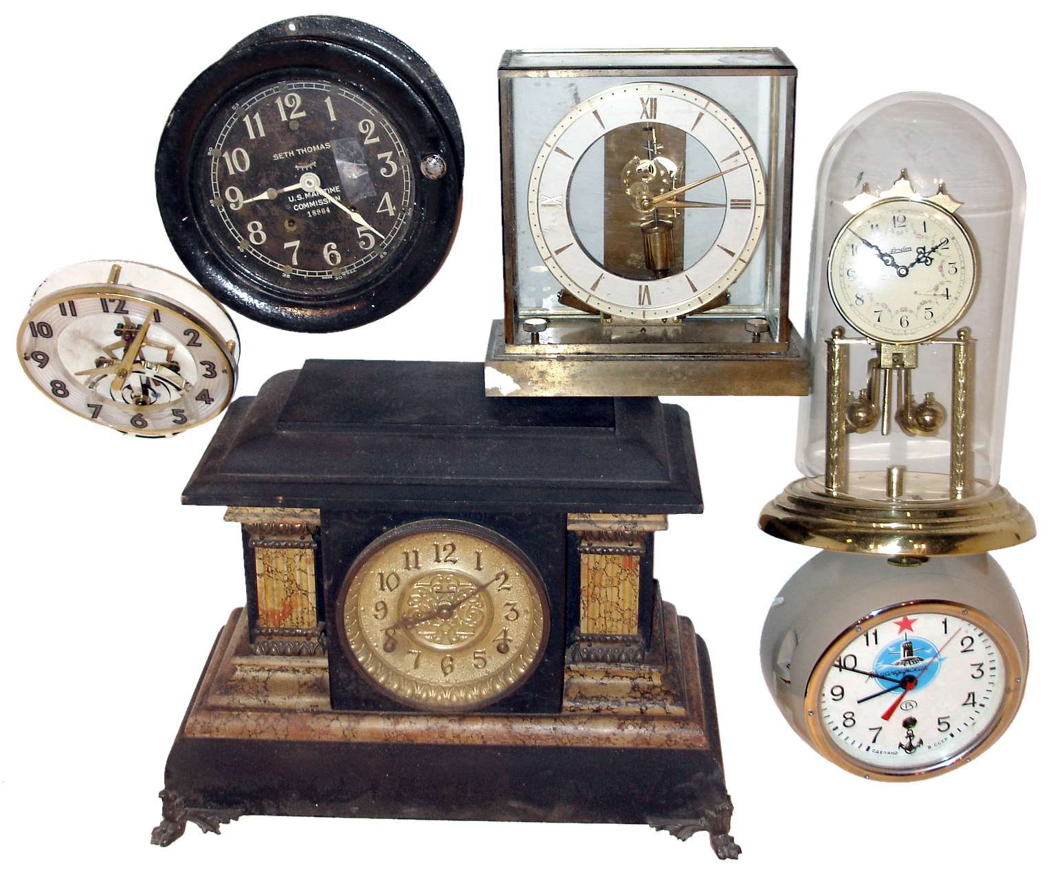 Mixed Lot: French repeating carriage clock; Russian submarine clock, Seth Thomas black phenolic marine clock; Kundo electronic; London 400-day; Ingraham black mantel; Elgin and Russian black aircraft clocks; 6 Waltham 37-size 8 days, clocks including travel and dashboard; 3 Elgin car and aircraft clocks; 3 round barometers including 2 Friez U.S. Navy in wooden boxes and French for Fritz & Hawley: Inverto Deluxe staking set in fitted wood box; etc. — Antique Clocks Price Guide