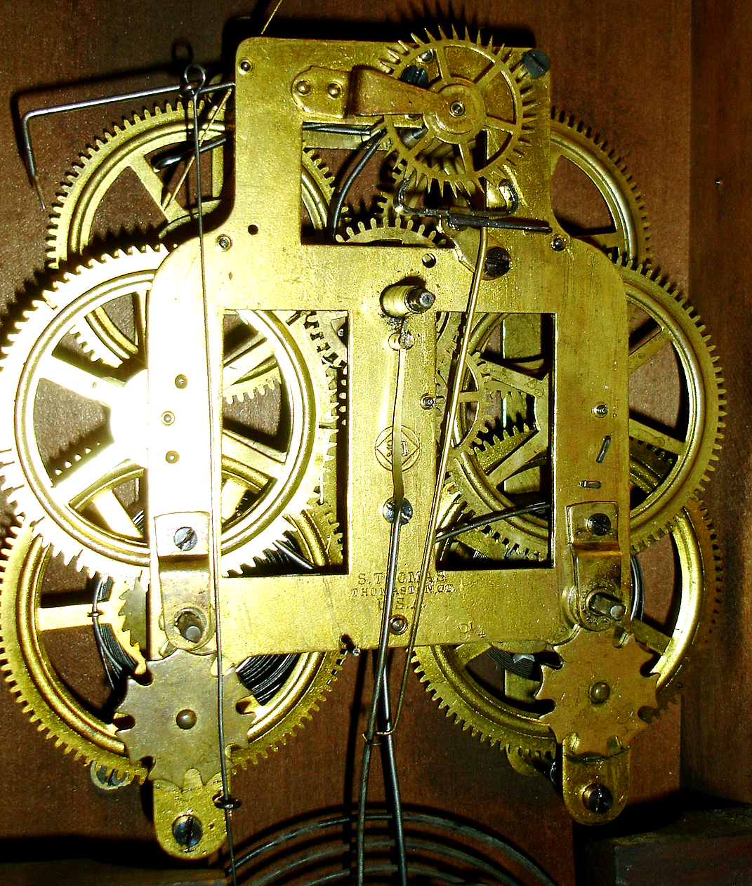 Seth Thomas Clock Co., Thomaston, Conn., "Office No. 1", 8 days, time & strike mahogany veneer wall clock. This clock was originally exported to England as evidenced by the name and place painted on the dial, c1874 — Antique Clocks Price Guide