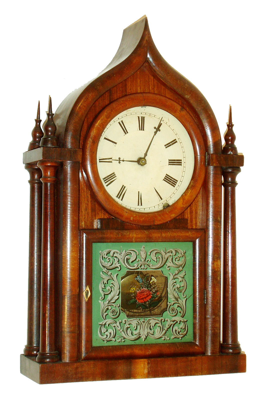 Brewster & Ingrahams, Bristol, Conn., 8 days, time & strike 4-column round or onion top shelf clock, c1852 — Antique Clocks Price Guide