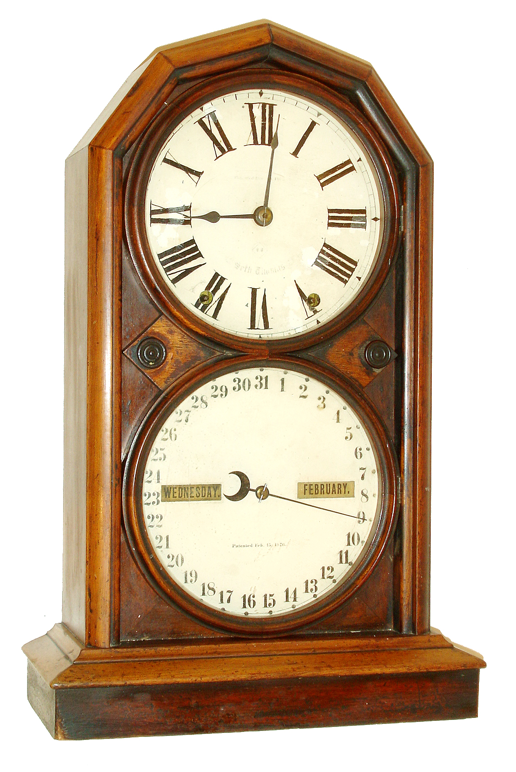 Seth Thomas Clock Co., Thomaston, Conn., "Parlor Calendar No. 5", 8 days, time & strike double dial calendar clock, c1886 — Antique Clocks Price Guide