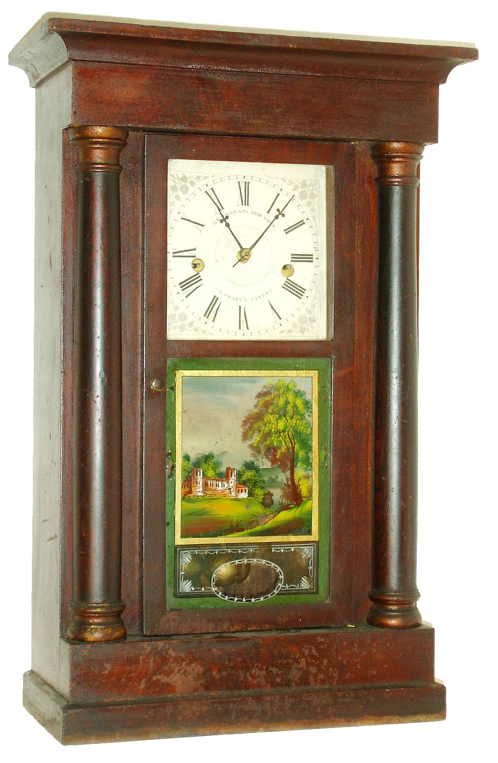 J. R. Mills & Co., New York, Three-ball month running Crane's Patent rotary pendulum mantel clock.  The month duration model is the rarest of the Crane clocks, c1845 — Antique Clocks Price Guide