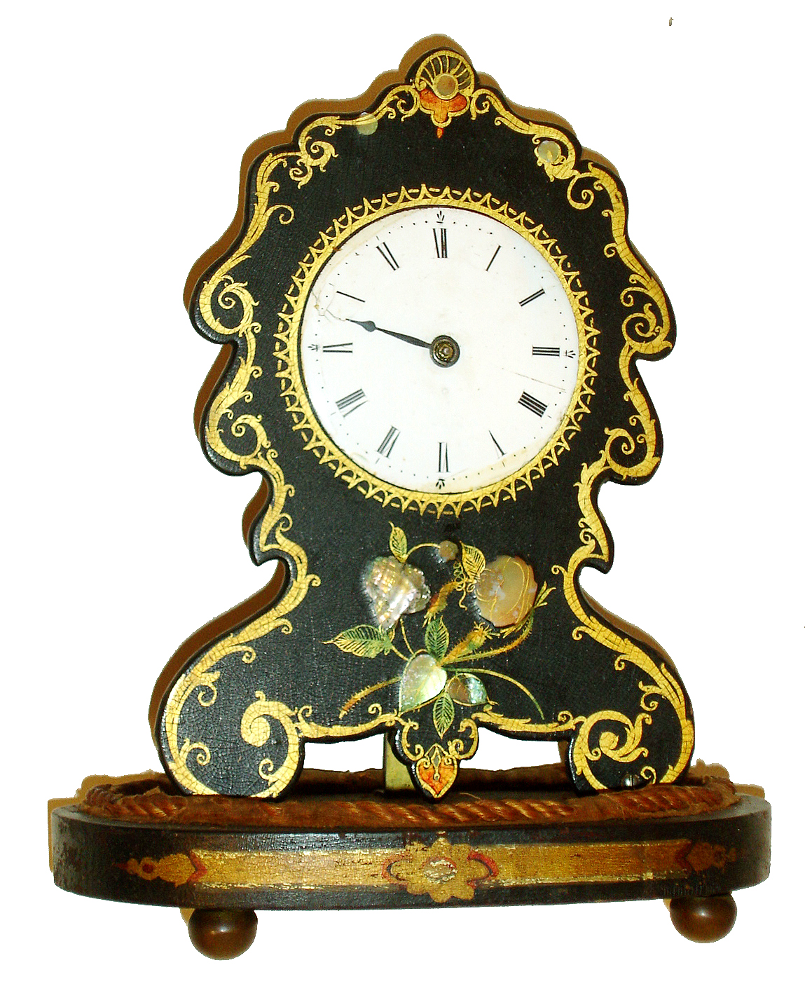 Jerome Manufacturing Co, (Chauncey Jerome), New Haven, Conn., 30 hour, paper mache front "Botsford Patent", balance wheel movement timepiece, c1850 — Antique Clocks Price Guide