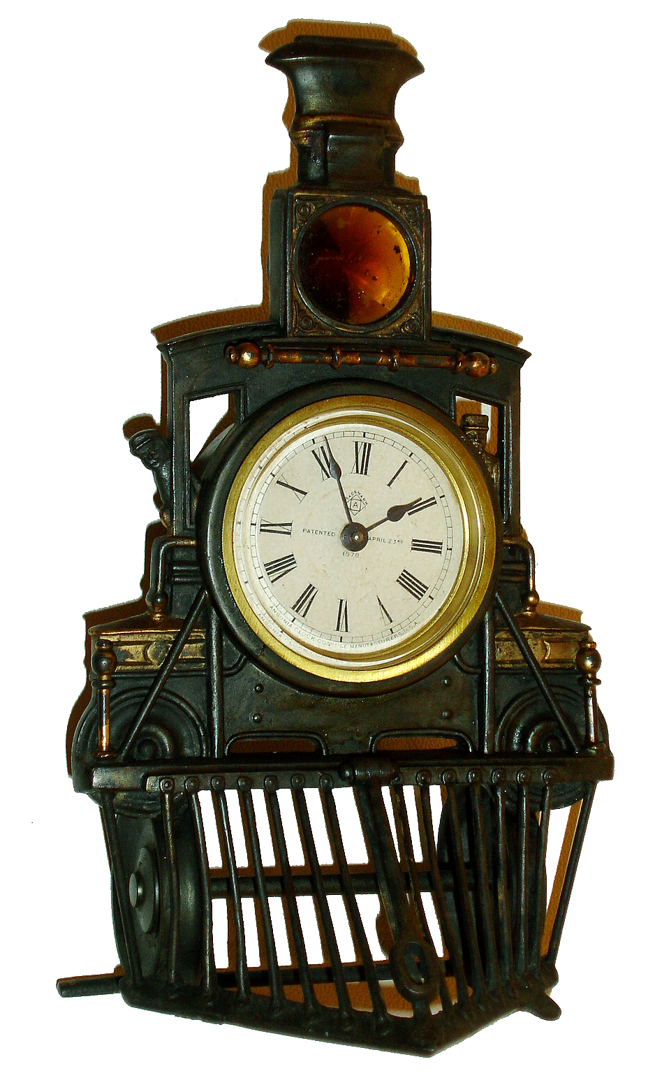 Ansonia Clock Co., New York, "Novelty No. 44" Locomotive Novelty Clock, 30 hours, time only balance wheel movement, c1886. — Antique Clocks Price Guide