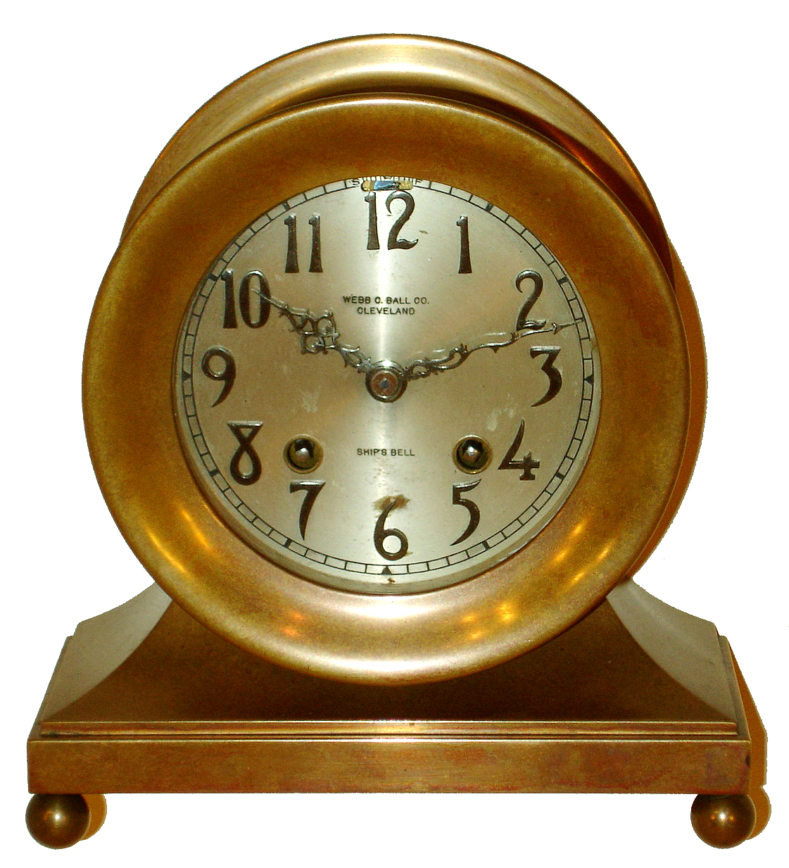 Chelsea Clock Co., Boston, for Webb C. Ball, Cleveland, 4.5" dial "Brass and Ball" hinged bezel ship's bells mantel clock, special dial, #138105, 1919 — Antique Clocks Price Guide