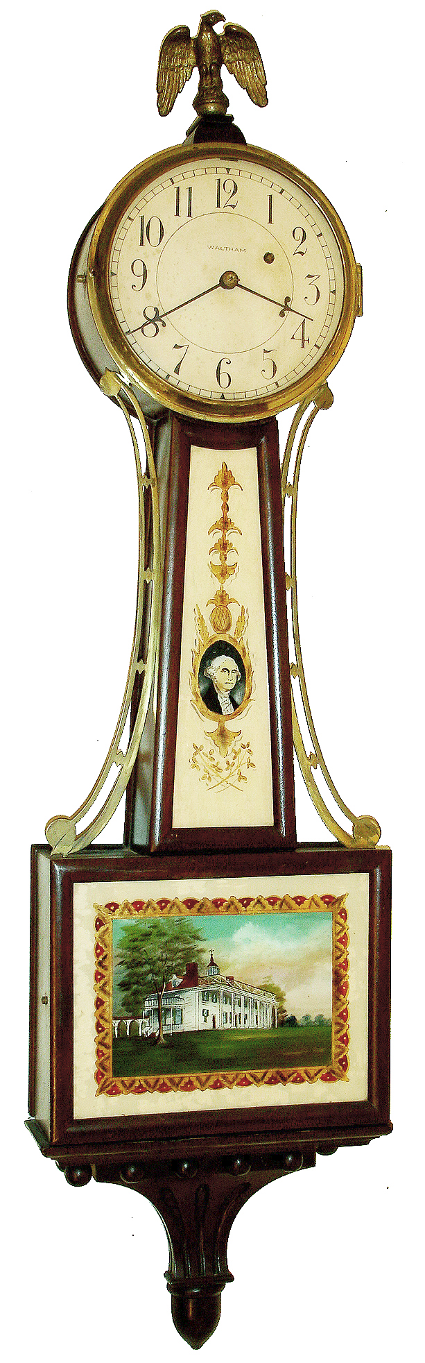 Waltham Watch Co, Waltham, Mass., 8 days, weight driven walnut time only banjo wall timepiece, Washington and Mount Vernon glasses, c1930 — Antique Clocks Price Guide
