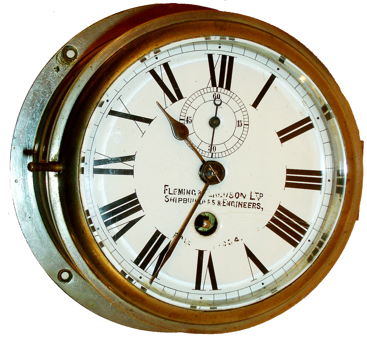 English engine room clock, nickel plated brass case with beveled glass, Roman numeral white enamel dial marked "Fleming & Ferguson Shipbuilders & Engineers Paisley" (Scotland), blued steel hands, round 8 days, fusee timepiece with lever platform, the plates with decorative scraping, c1900 — Antique Clocks Price Guide