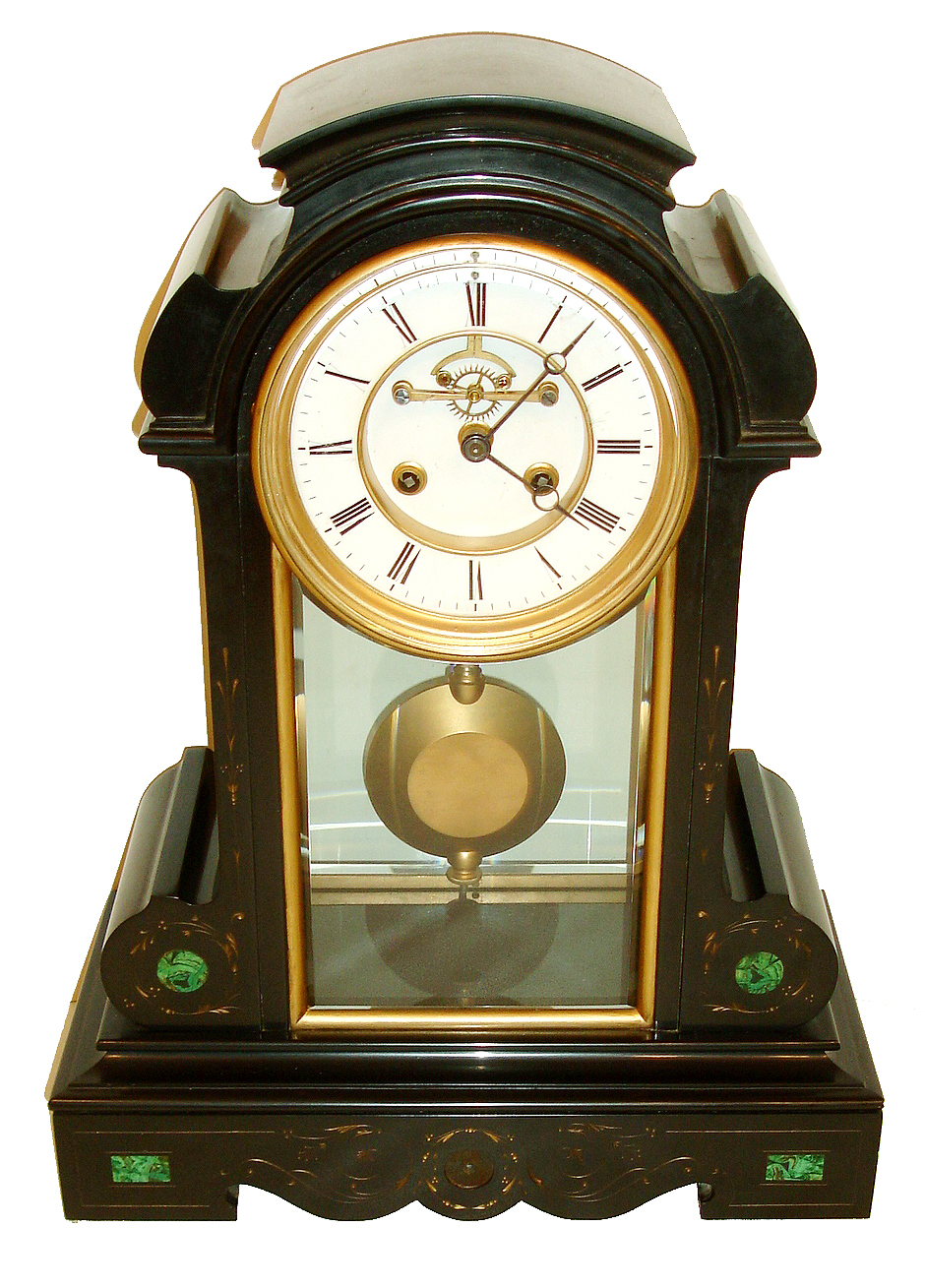 French black slate mantel clock, the front with malachite inlays and gilt incised line decoration, gilt bezel case front and back with beveled glass, Roman numeral white enamel dial with recessed center, and exposed Brocot escapement, blued steel Breguet style hands, 8 days, time and strike, Pendule a Paris movement marked S. Marti, pendulum with large brass ball and steel rod, c1880 — Antique Clocks Price Guide