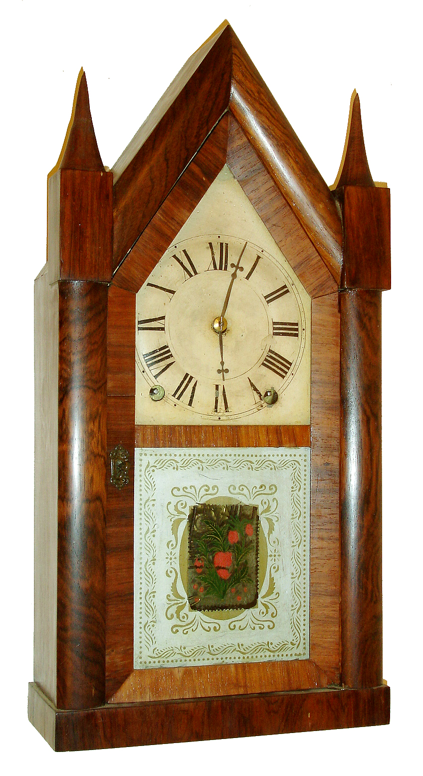 Terry & Andrews, Bristol, Conn., 8 days, time and strike, sharp gothic or steeple clock, c1845 — Antique Clocks Price Guide
