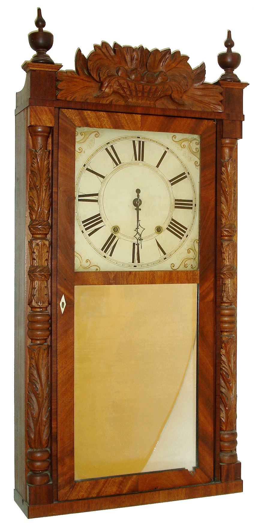 Riley Whiting, Winchester, Conn., 30 hours, time and strike, weight wood movement carved column & splat shelf clock, c1830 — Antique Clocks Price Guide