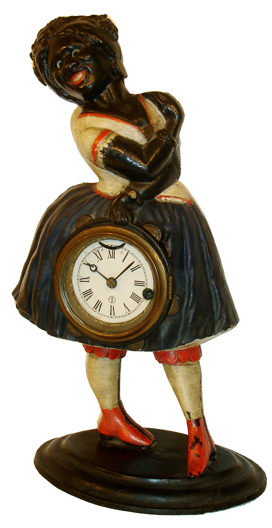 Bradley & Hubbard, "Topsy" blinking eye novelty clock, cast iron figure with blue painted dress, white blouse with red trim, white stockings and red shoes, Roman numeral paper dial, 30 hours, lever movement with linkage to move the eyes, c1860 — Antique Clocks Price Guide