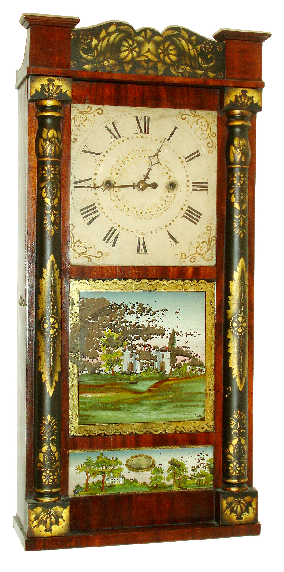Eli & George W. Bartholomew, Bristol, Conn., 30 hours, time and strike, weight "Groaner" wood movement half column & splat shelf clock, c1830 — Antique Clocks Price Guide