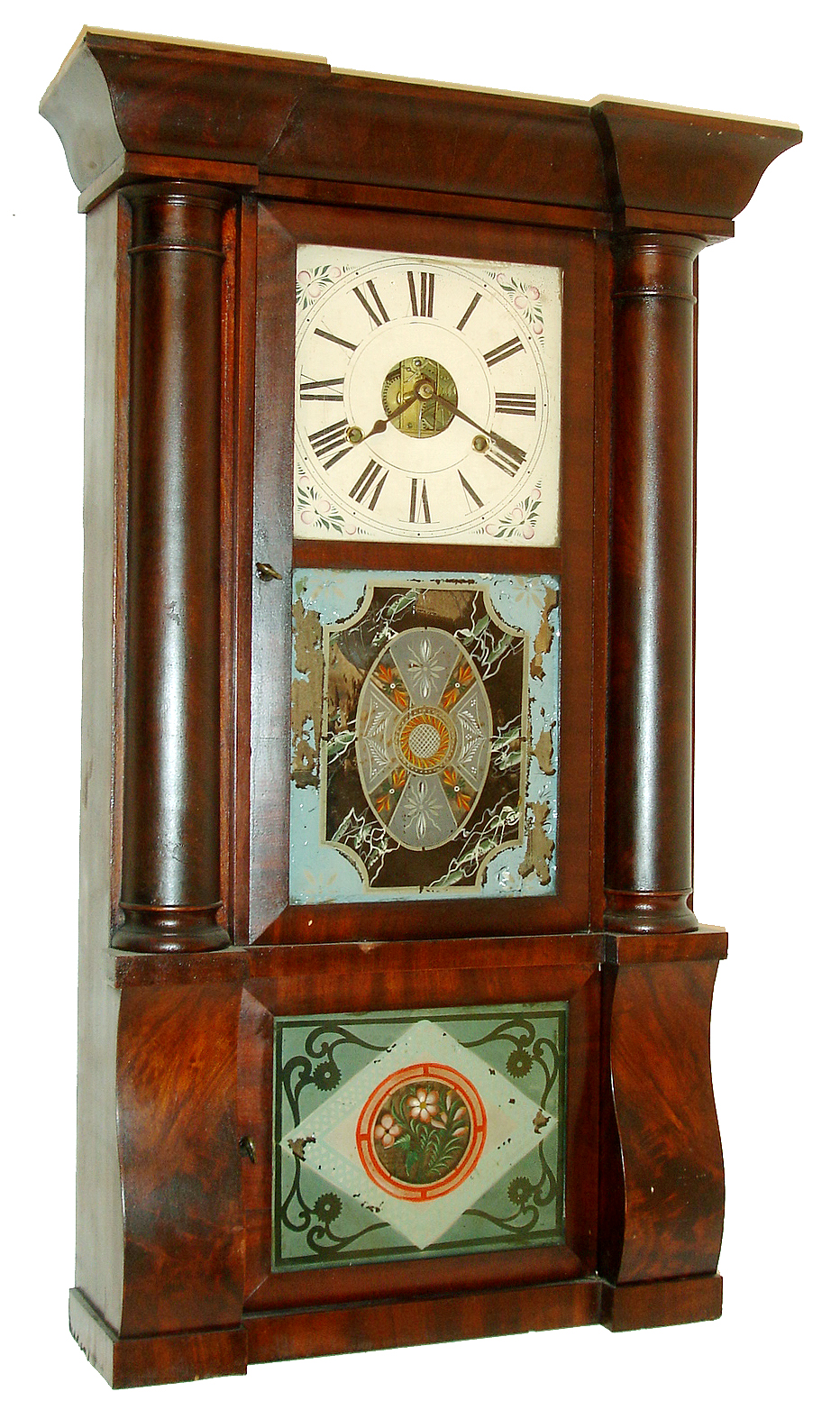 Birge, Peck & Co., Bristol,. Conn., Cornice and Column clock with 8 days, weight driven time and strike, brass strap movement, c1849. — Antique Clocks Price Guide