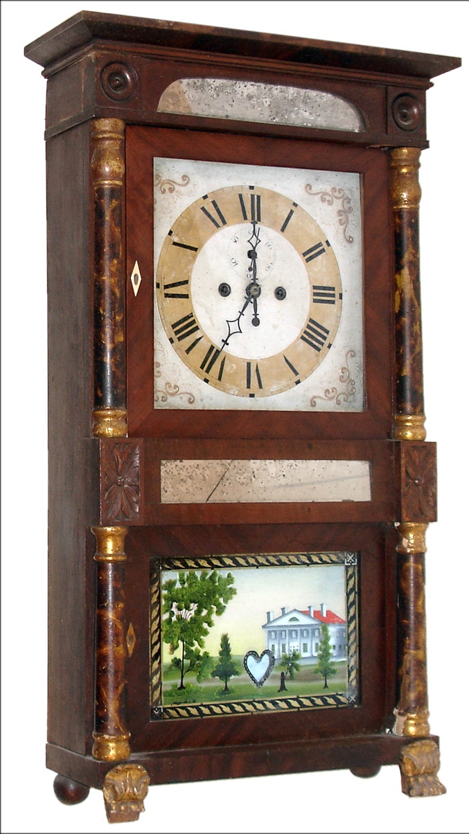 Mitchell & Atkins, Bristol, Conn., 8 days, time and strike, weight brass Salem Bridge movement double decker shelf clock, c1835 — Antique Clocks Price Guide