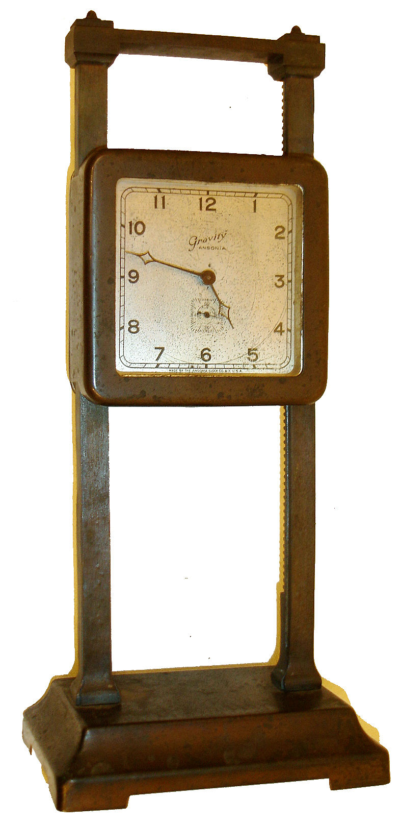 Ansonia Clock Co., Ansonia, Conn., "Gravity Clock", 36-hour timepiece that runs by its own weight, c1924 — Antique Clocks Price Guide