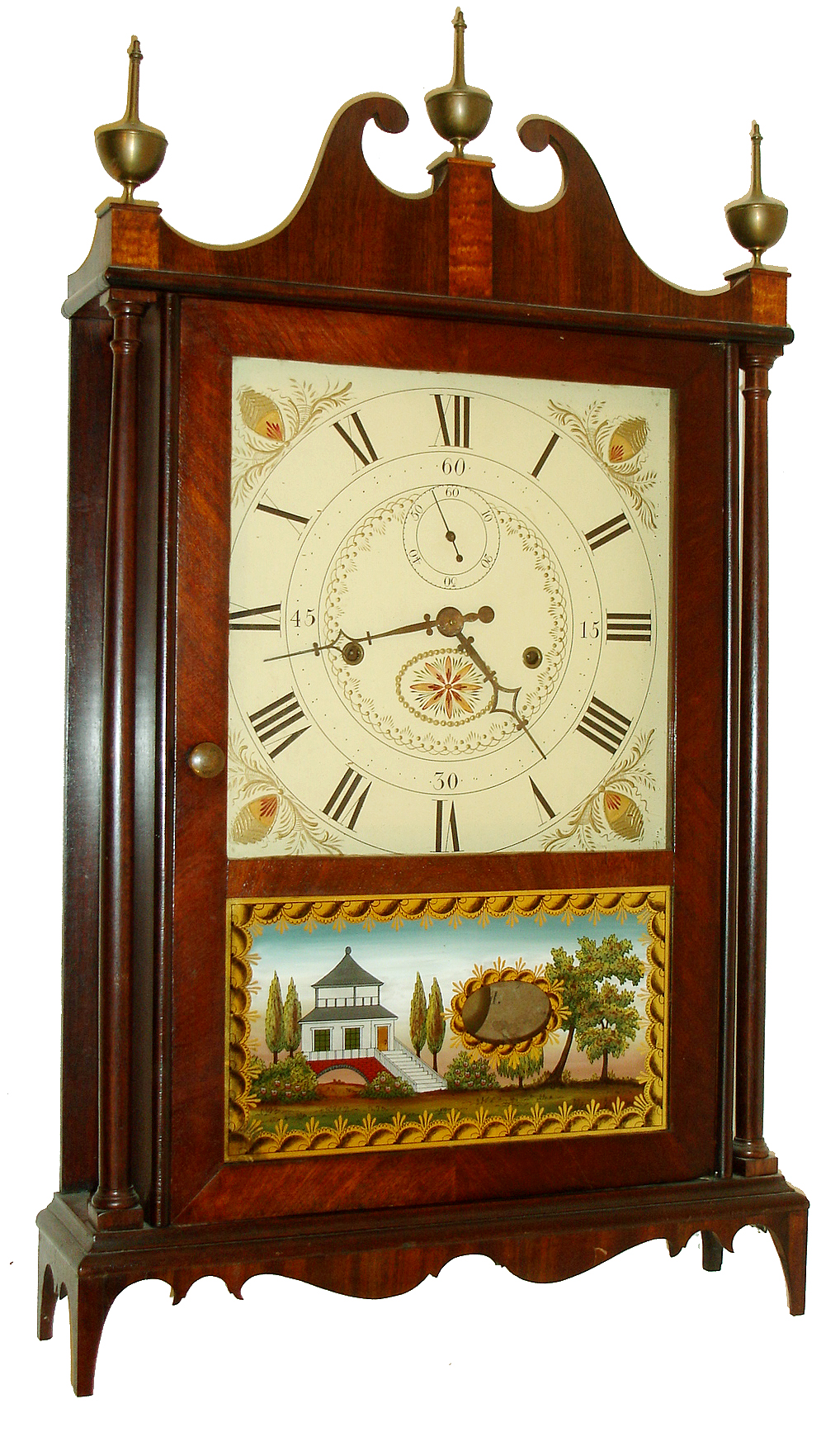 Seth Thomas, Plymouth, Conn., 30 hours, time and strike, weight strap wood movement off-center pillar & scroll shelf clock, c1820 — Antique Clocks Price Guide