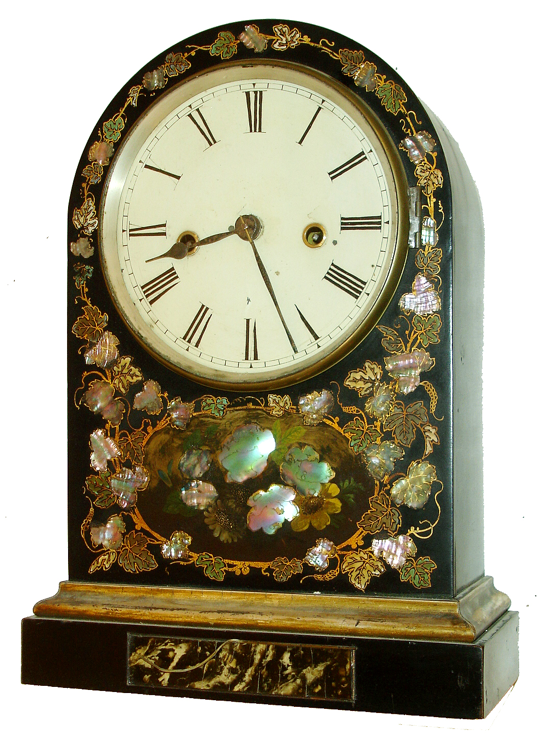 Chauncey Jerome, New Haven, Conn., 8 days, time and strike, gilt flower and vines with MOP fusee Beehive or round top case shelf clock, c1855 This very decorative ebonized wood case design would most likely appeal to the English market. — Antique Clocks Price Guide