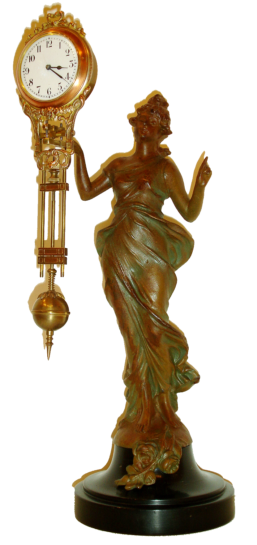 Junghans, Germany, "Diana" model swinger, 8 days, novelty timepiece, the patinated spelter figure mounted to an ebonized, turned wood base, her right hand supporting the clock with compound pendulum, white enamel Arabic numeral dial, blued steel hands, 8 days, time only movement, ca.1930 — Antique Clocks Price Guide