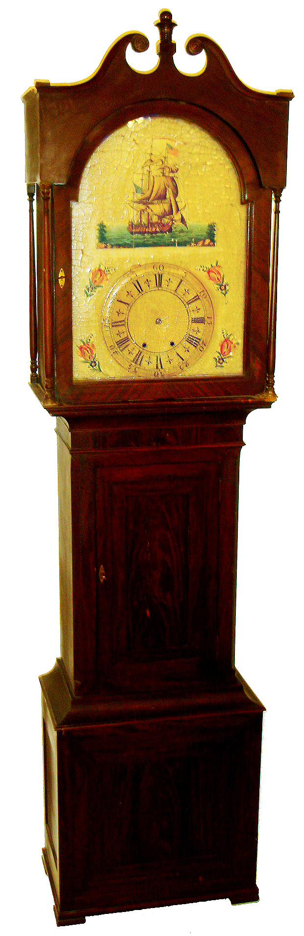 German tall clock with organ, 8 days, time and strike, weight driven wooden and brass movement playing 8 tunes listed inside door of musical mechanism through 33 pipes in a mahogany veneer case with painted wooden dial, c1830 — Antique Clocks Price Guide