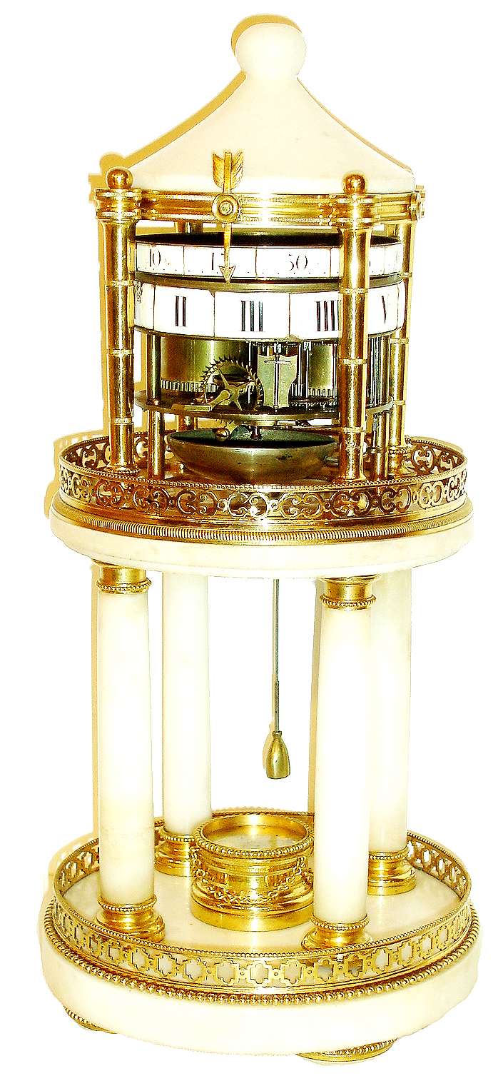 Festeau a Paris, Temple D' Amour annular clock, case of architectural form, the lower section with circular marble base, pierced railing and beaded trim, the center with gilt plinth, and 4 marble columns with gilt capitals and bases supporting the upper section, also with pierced railing and reeded 1/4 round trim, 4 gilt tapered columns supporting gilt ring for turned marble top, and with cast arrow for indicating time on two rotating rings with ceramic cartouches for numerals, the ring showing minutes signed "Festeau, a Paris", the 8 days, time and strike, movement fixed below, and open to view, silk thread suspended pendulum with tassel form ball, and turned marble top, c1785 — Antique Clocks Price Guide