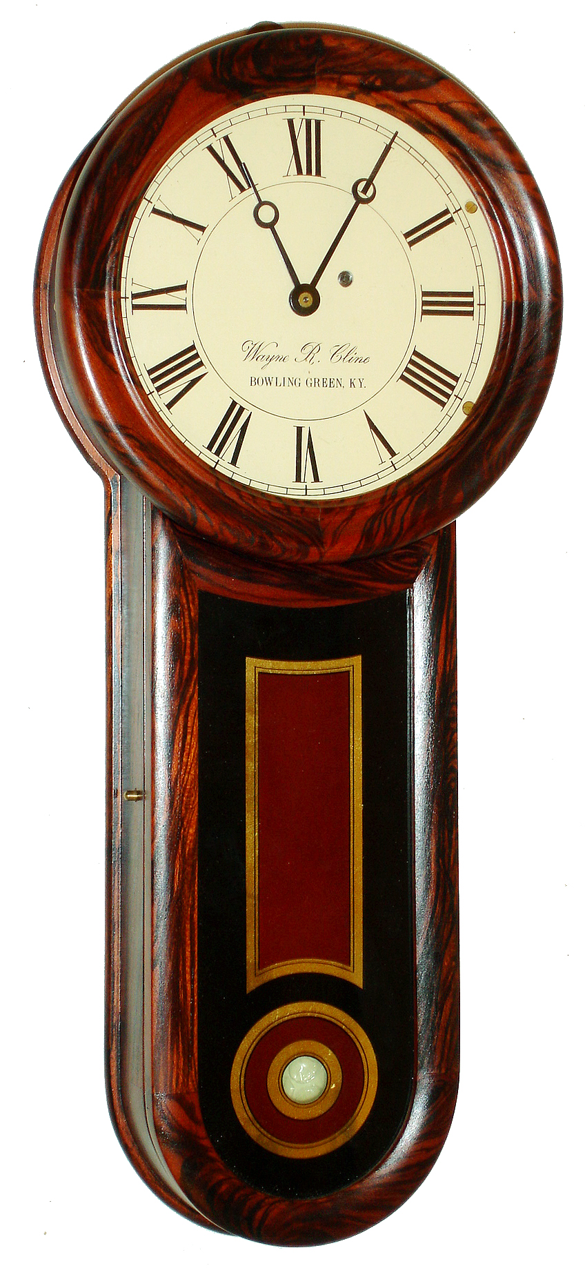 Wayne R. Cline, Bowling Green, KY, miniature rosewood reproduction of a Howard Keyhole regulator with front, key wind, spring driven movement, c1980 — Antique Clocks Price Guide