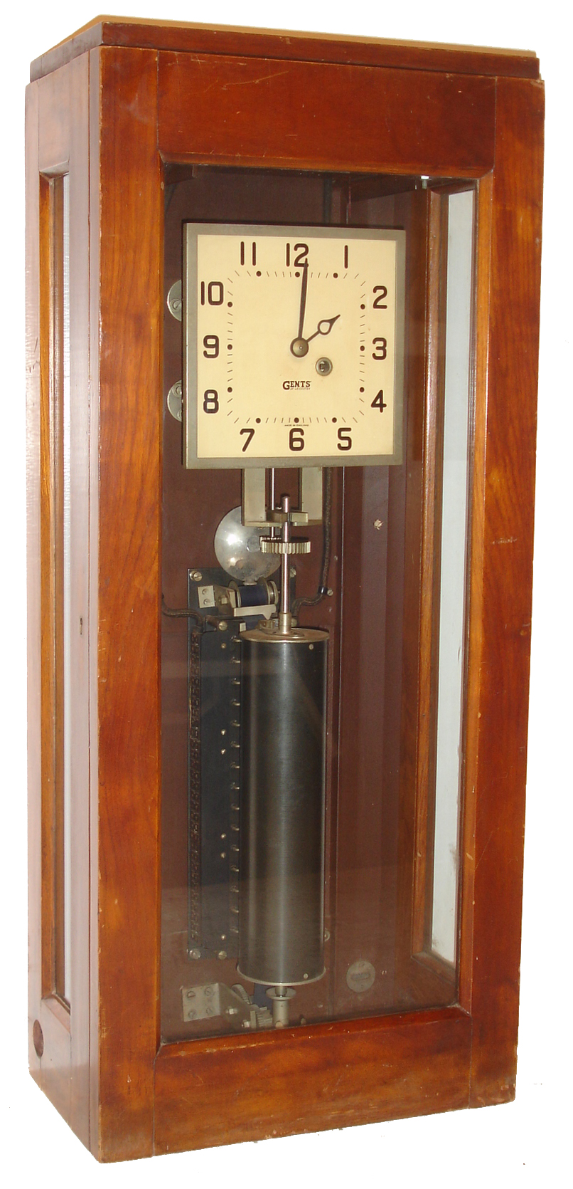 Gents of Leicester, time clock, hardwood case with glazed front and sides, Arabic numeral painted dial, 8 days, time only fusee movement above cylinder for time recording paper, strip with pins and ribbon for marking time located behind cylinder, c1930 — Antique Clocks Price Guide
