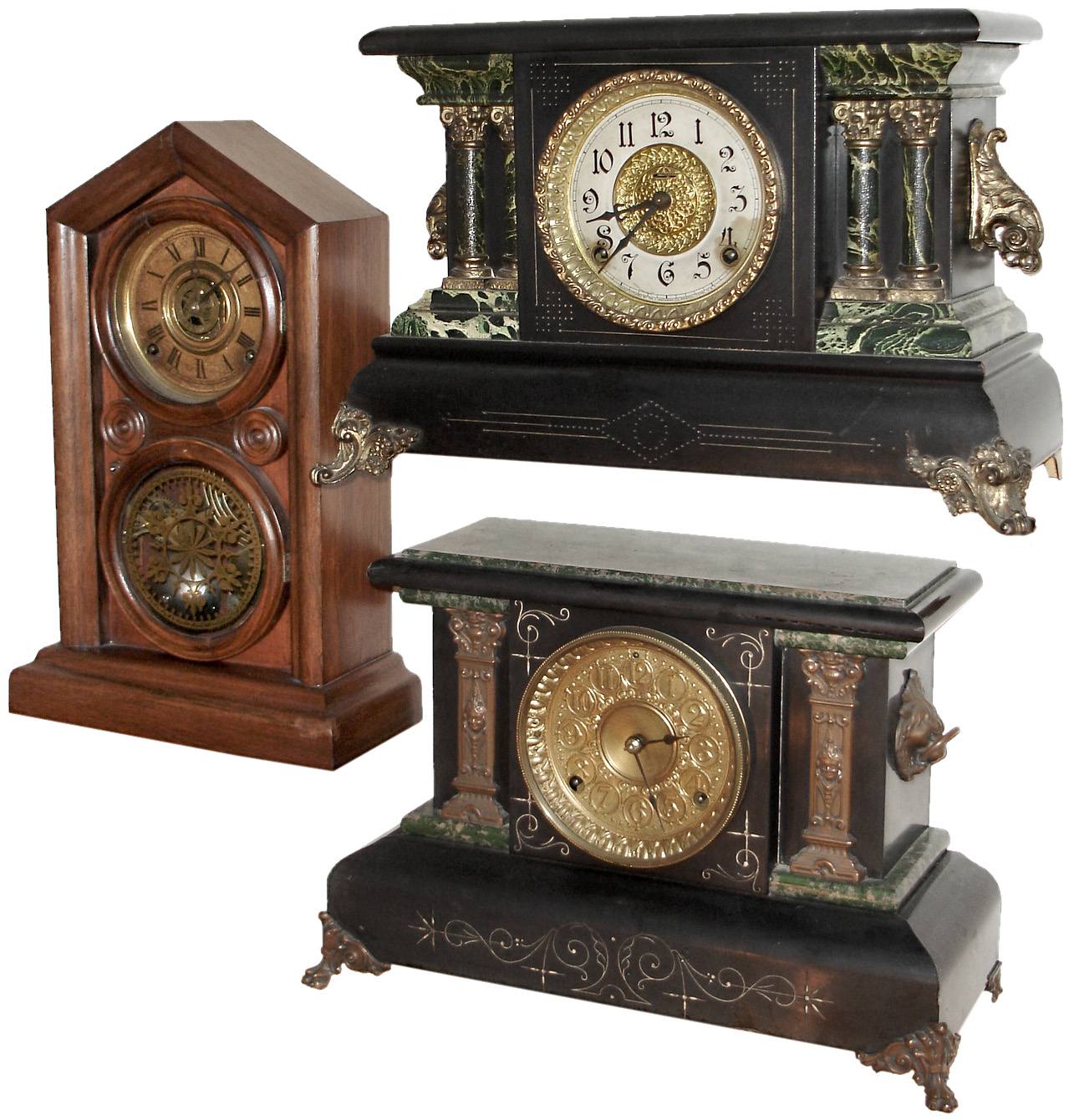 Clocks- 5 (Five) Connecticut wood case 8 days, mantel and wall clocks: four time and strike, one time only banjo, late 19th & early 20th centuries — Antique Clocks Price Guide