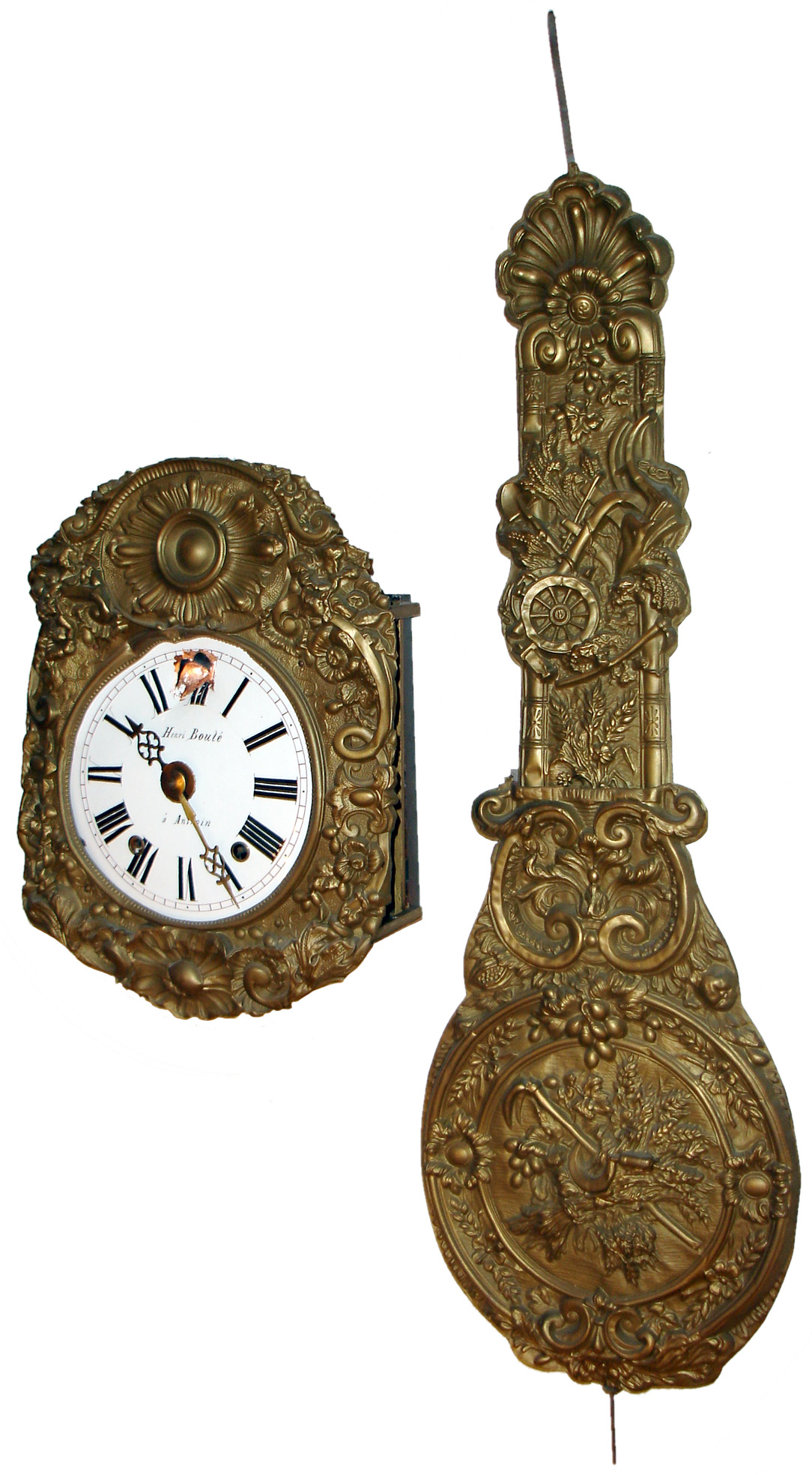 Clocks- 3 (Three) hanging 8 days, clocks: Morbier time and strike; Ansonia "Square Plush Plaque" twin-spring time only; bed warmer form time only; late 19th century — Antique Clocks Price Guide