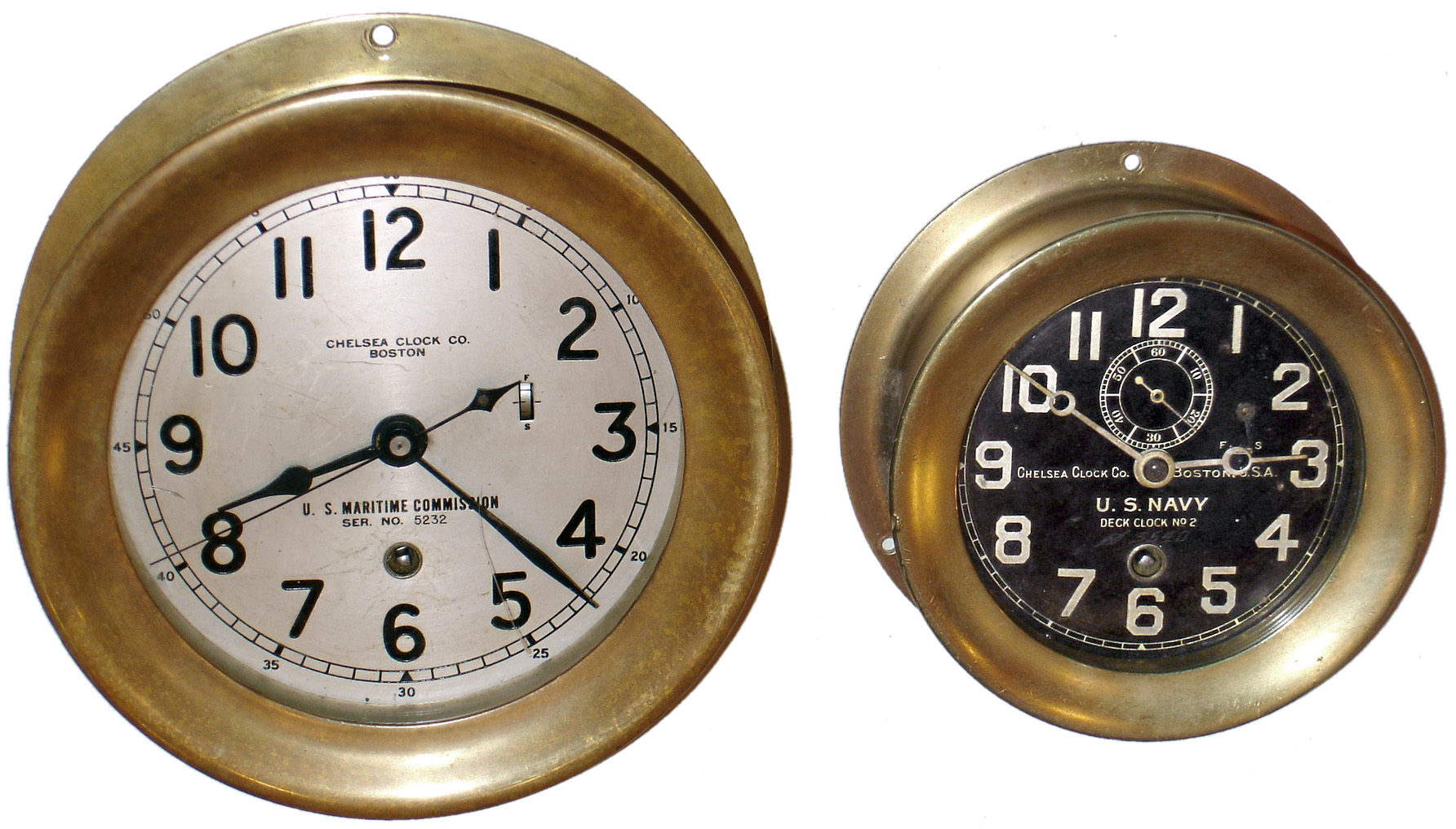 Clocks- 2 (Two) Chelsea Clock Co., Boston, brass case screw bezel 8 days, marine timepieces: 5" silvered dial U.S. Maritime Commission #323521; 4" black dial #124605 U.S. Navy Deck Clock No. 2. 1942 and 1918 — Antique Clocks Price Guide