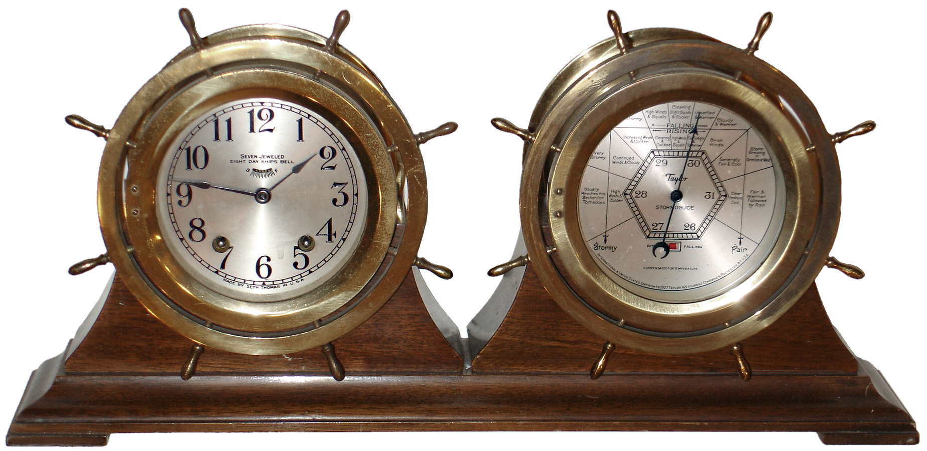 Seth Thomas Clock Co., Thomaston, Conn., "Shipmates" 8 days, ship's bell clock and barometer combination, polished brass cases with hinged bezels, on solid mahogany base, c1938 — Antique Clocks Price Guide