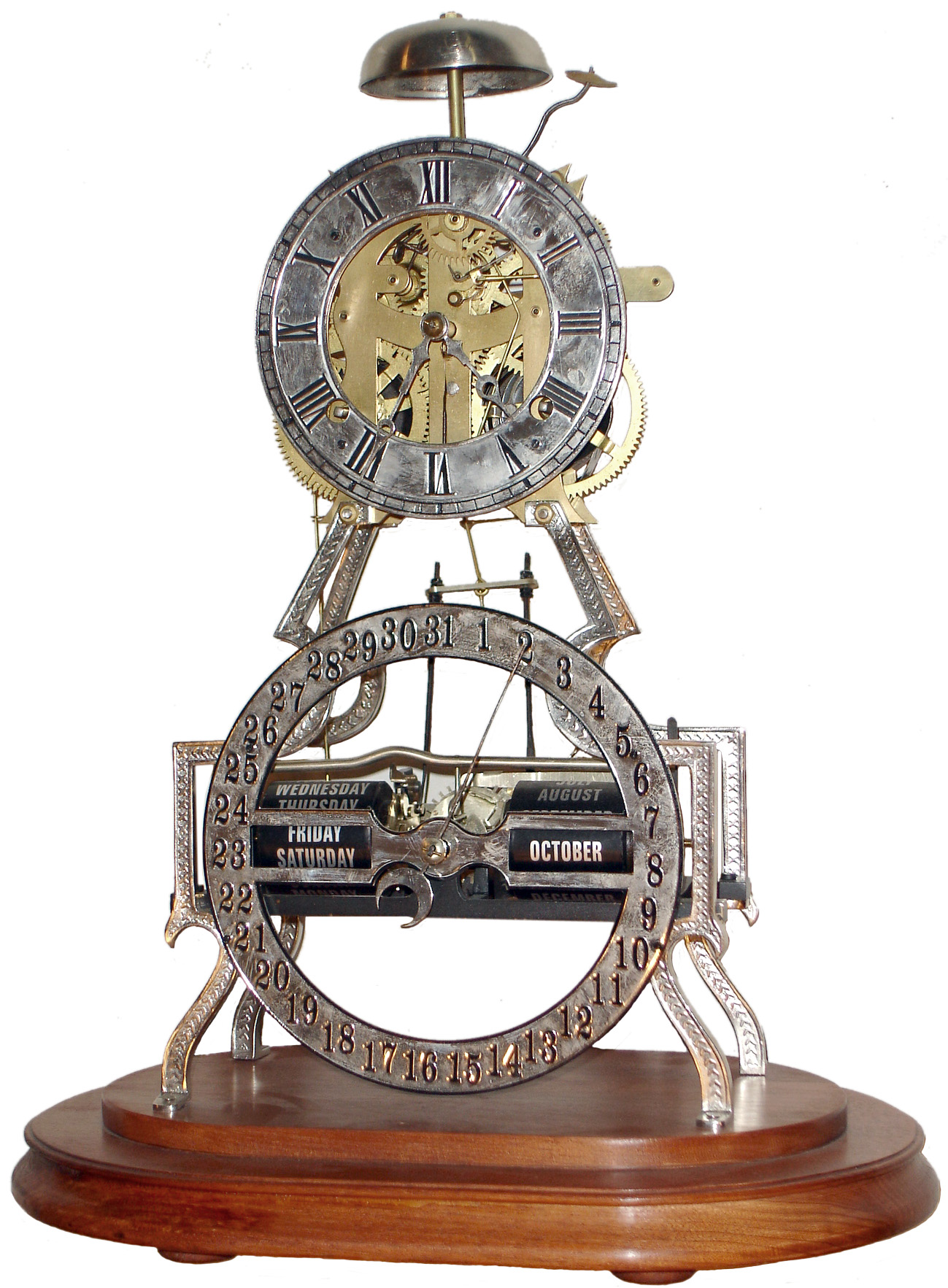 Clocks- 3 (Three) 8 days, modern Asian reproduction exotic brass skeleton clocks with glass domes: scissors; calendar; and Harrison; late 20th century — Antique Clocks Price Guide