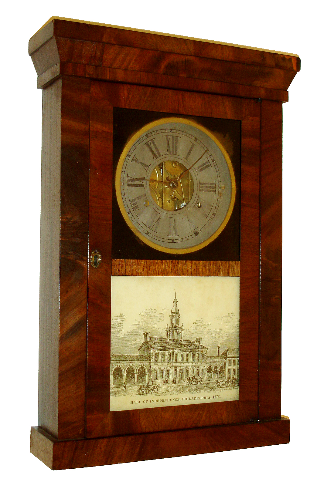 C. & N. Jerome Bristol, Conn., shelf clock, 30 hours, time and strike, weight driven movement with solid brass wheels in a mahogany veneer case with painted metal dial and silk screened lower tablet, c1838 — Antique Clocks Price Guide