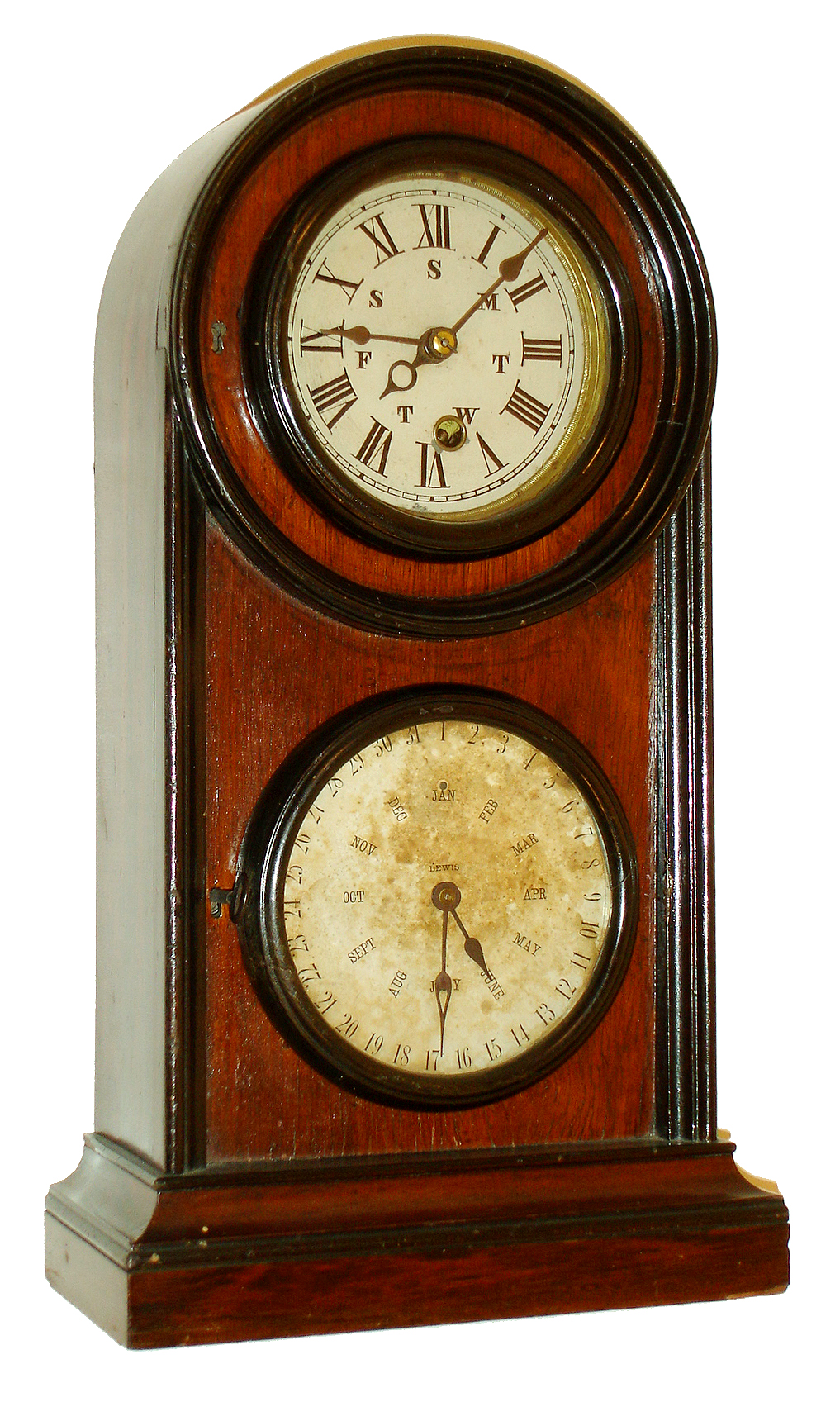 Welch, Spring & Co., Forestville, Conn., "No. 1 Mantel" calendar clock, 8 days, time and perpetual calendar, spring driven movement in a rosewood veneer case with painted time dial and papered calendar dial, c1870 — Antique Clocks Price Guide