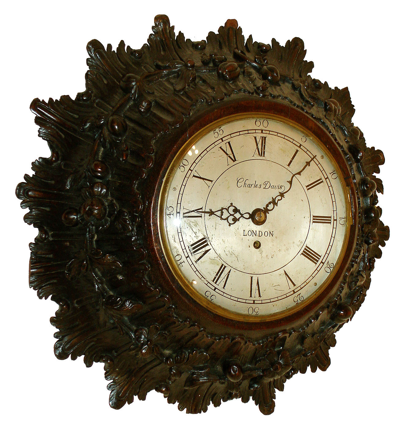 Charles Davis, London, carved wall clock, 8 days, time only, spring driven fusee movement in a intricately carved mahogany case with a silvered dial, c1820 — Antique Clocks Price Guide