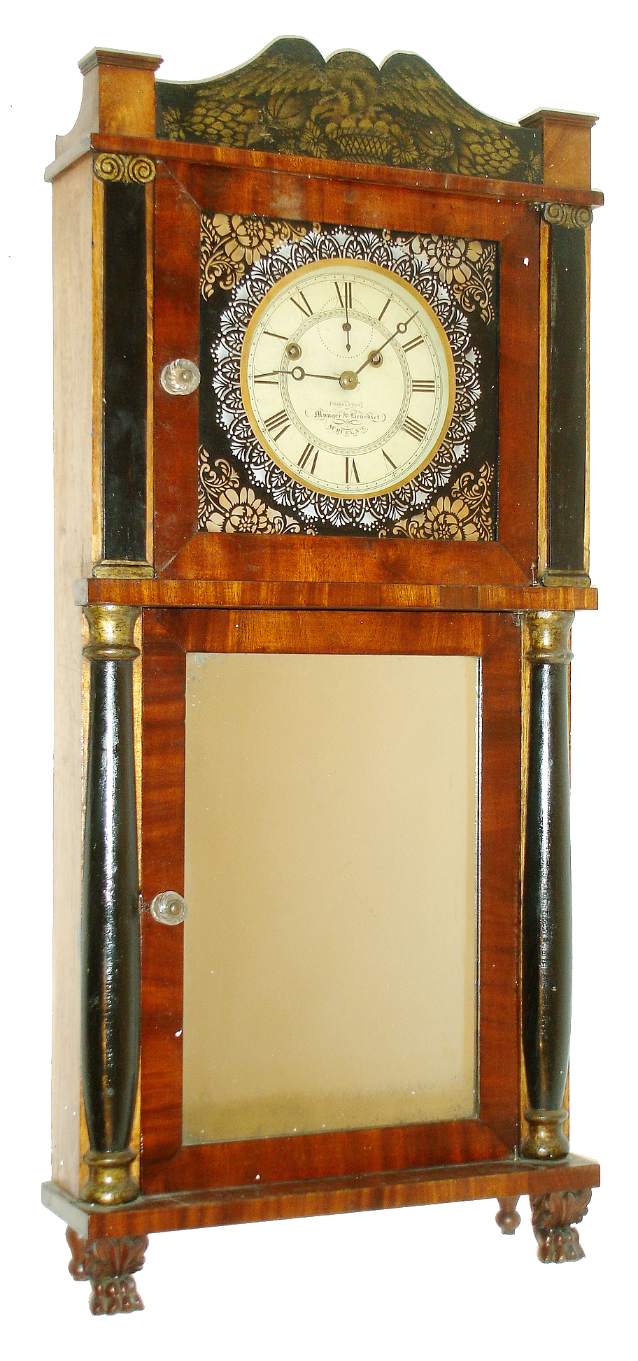 Munger & Benedict, Auburn, N.Y., Empire shelf clock, 8 days, time and strike, weight driven movement in a mahogany veneer case with stenciled splat and painted half columns, painted metal dial and mirror tablet, c1832 — Antique Clocks Price Guide